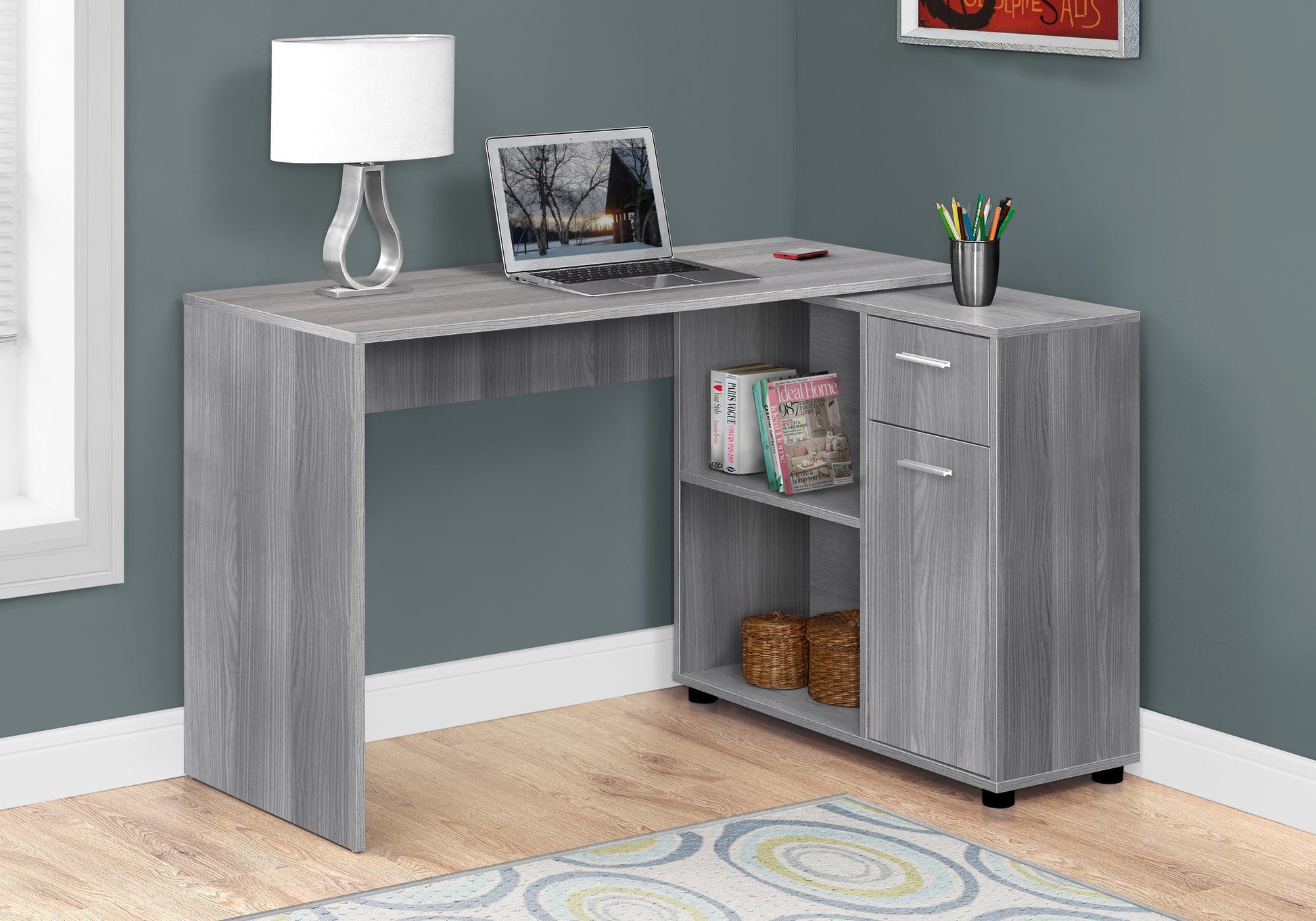 Computer Desk L-Shaped 46" Industrial Grey Storage-Bookshelf-DECOROLALA