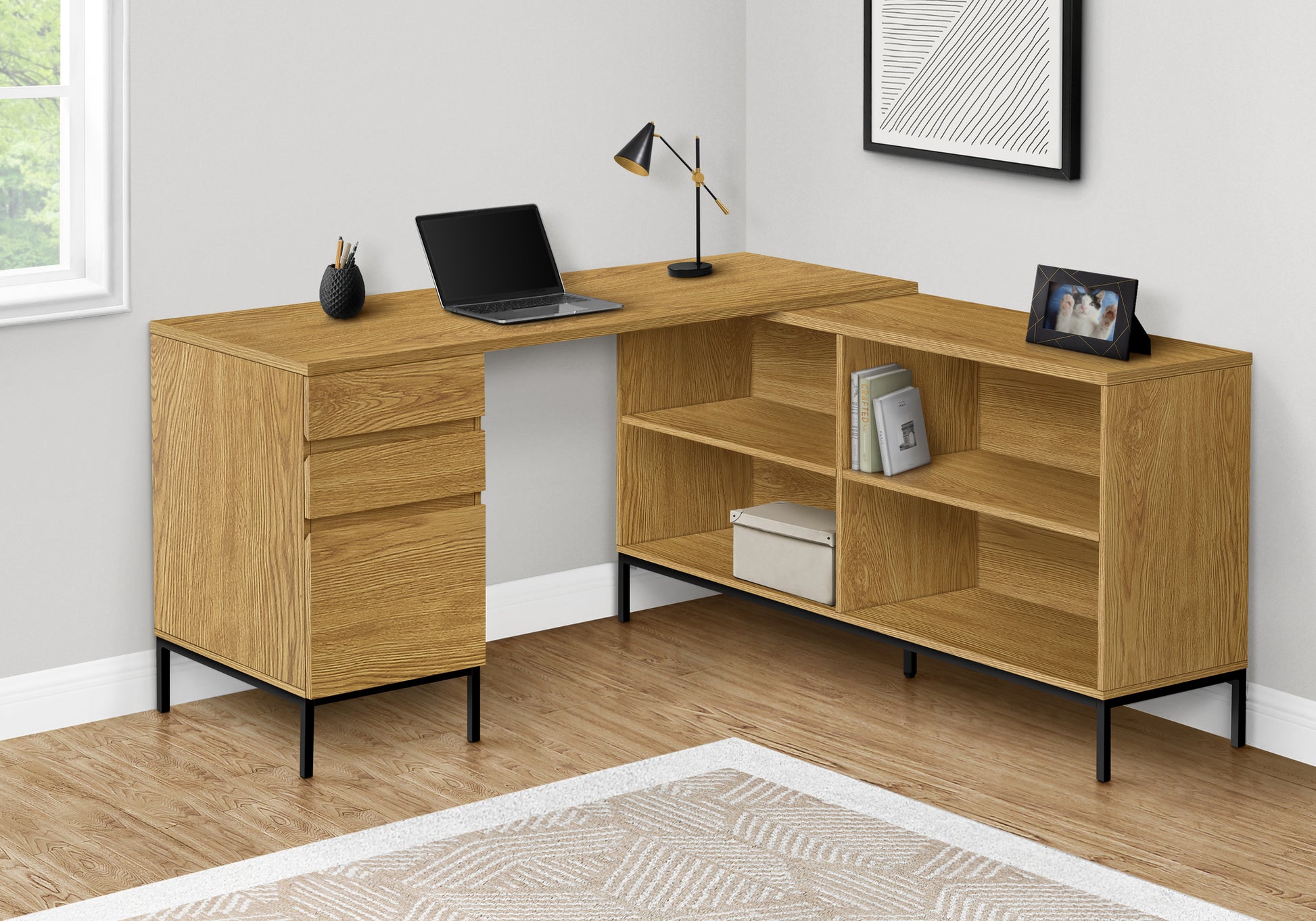Computer Desk L-Shaped 60" Rustic Brown w/ Shelves-Computer Desk-DECOROLALA