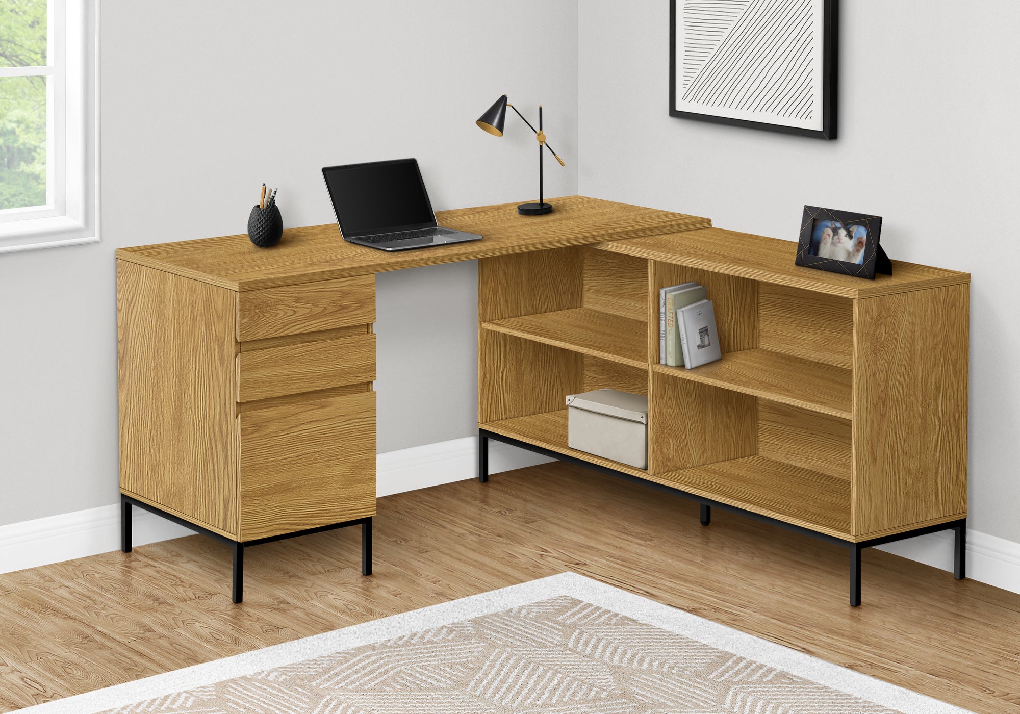Computer Desk L-Shaped 60" Rustic Brown w/ Shelves-Computer Desk-DECOROLALA