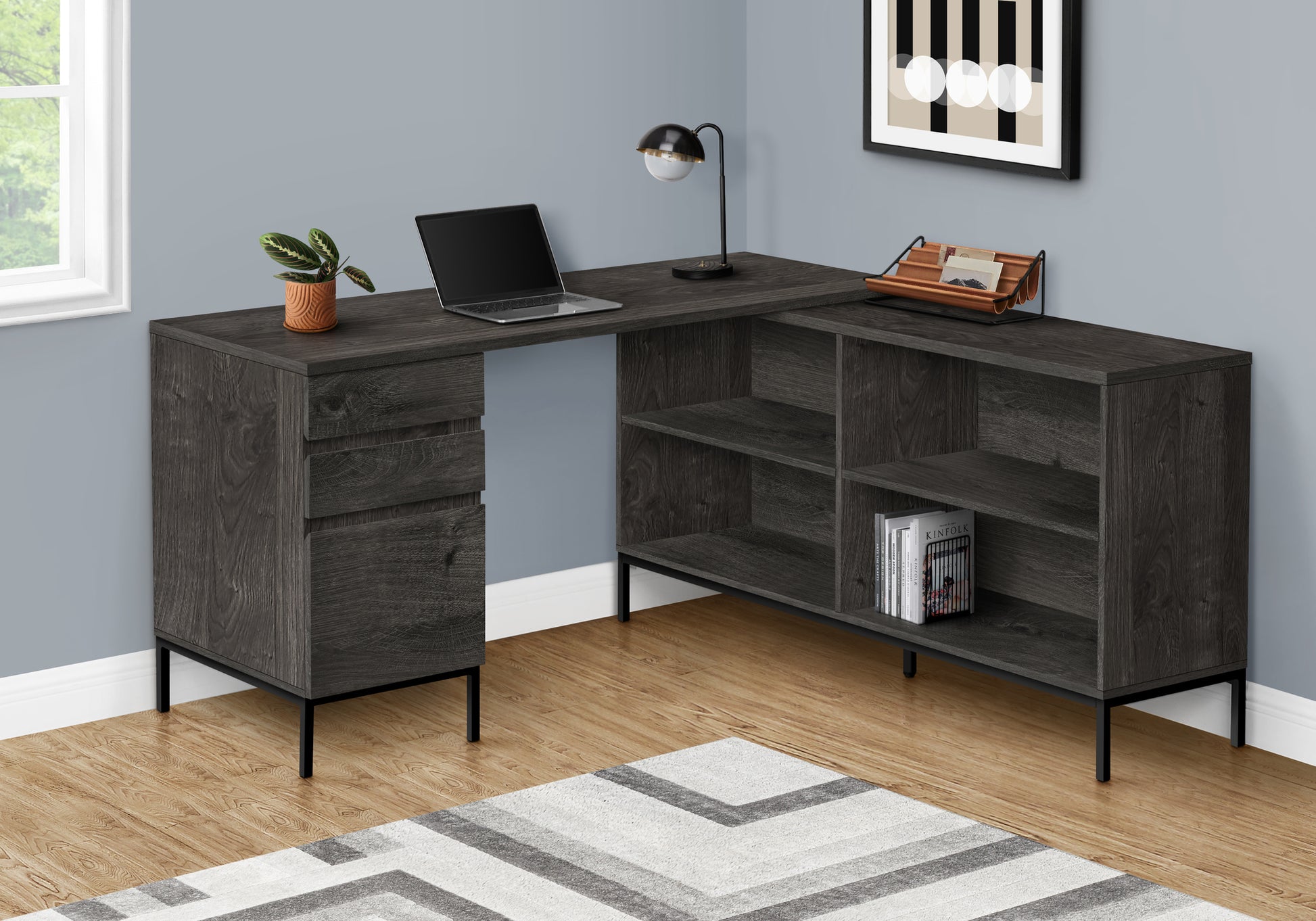 Computer Desk L-Shaped 60" Rustic Brown w/ Shelves-Computer Desk-DECOROLALA