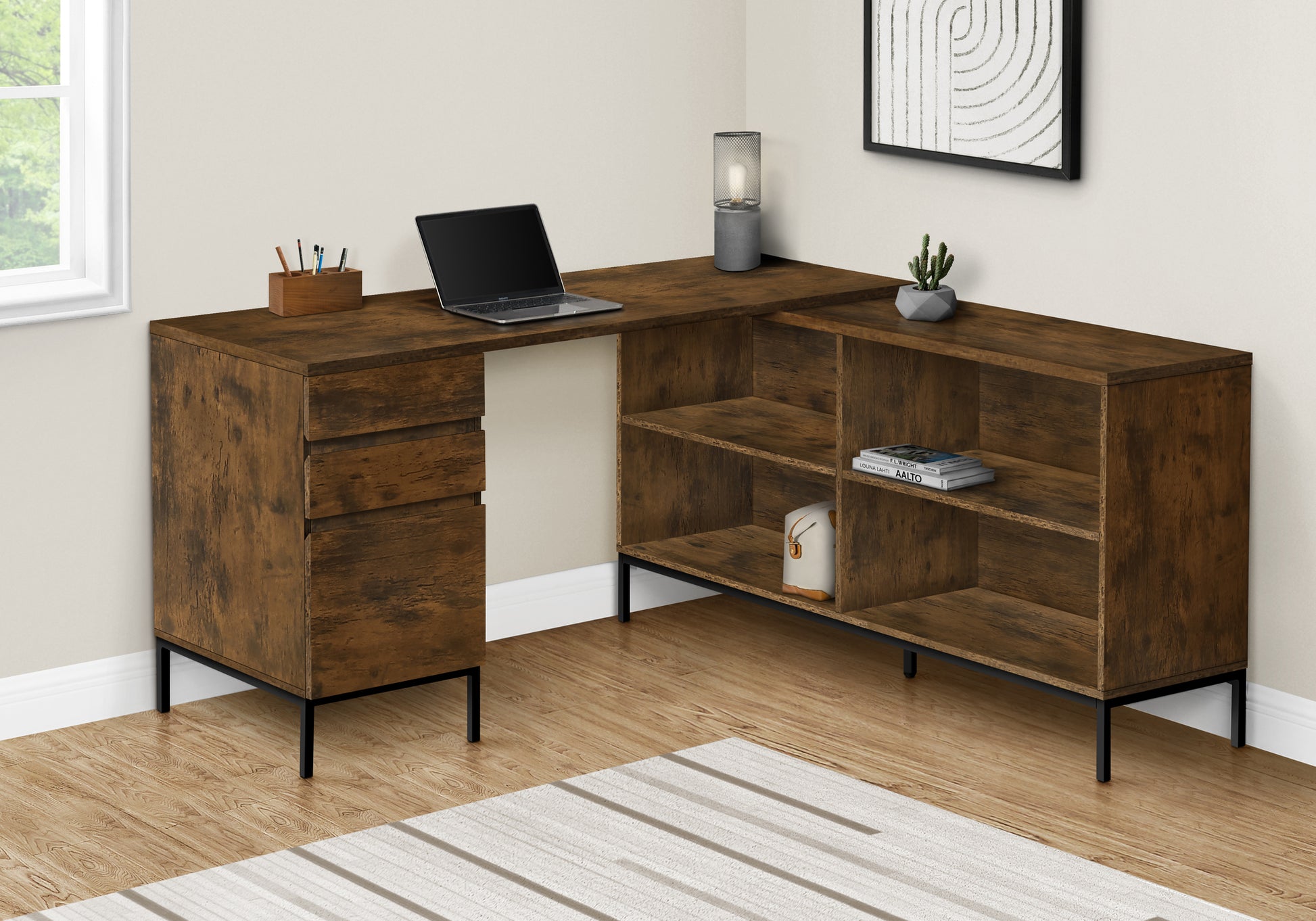 Computer Desk L-Shaped 60" Rustic Brown w/ Shelves-Computer Desk-DECOROLALA