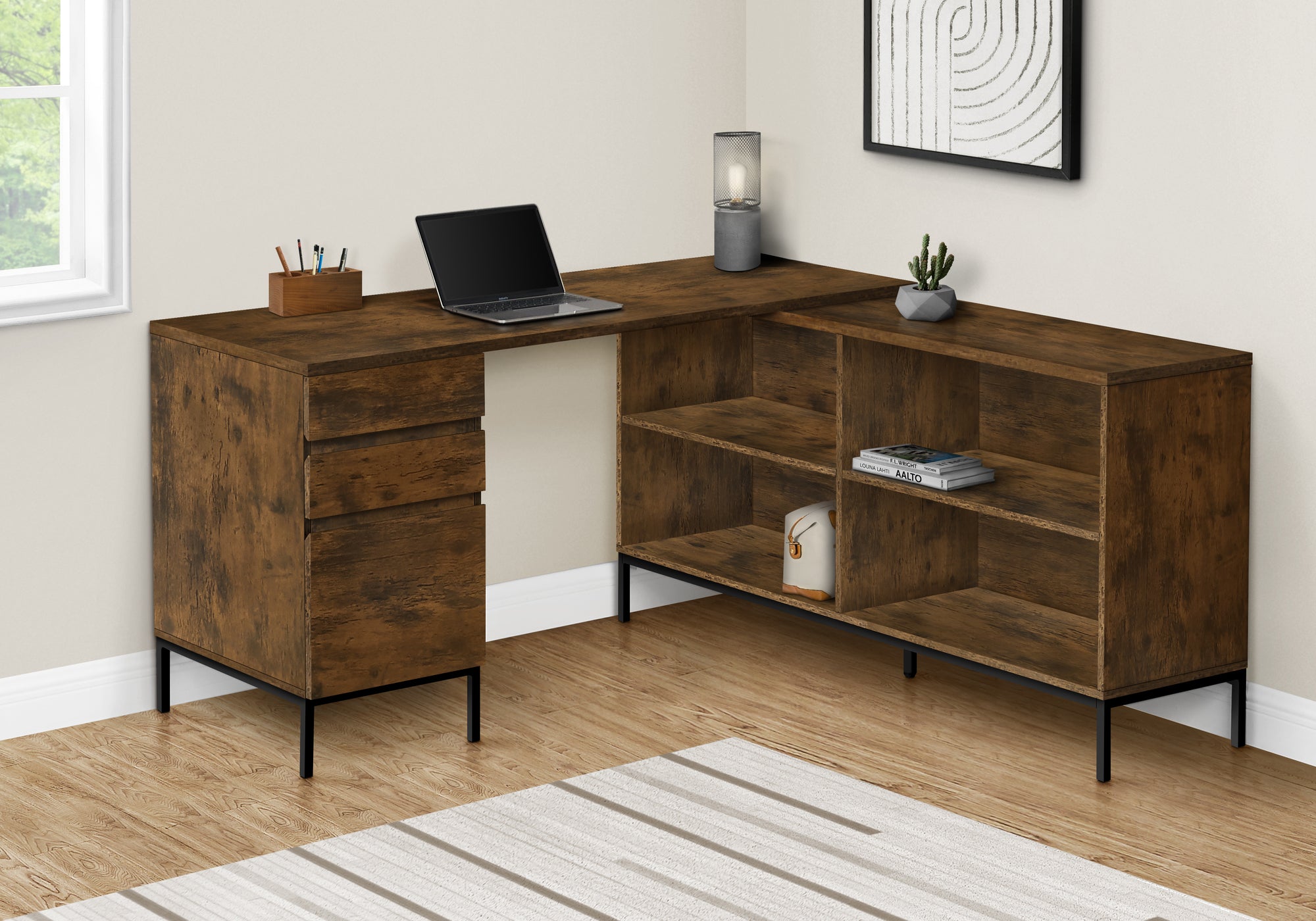 Computer Desk L-Shaped 60" Rustic Brown w/ Shelves-Computer Desk-DECOROLALA