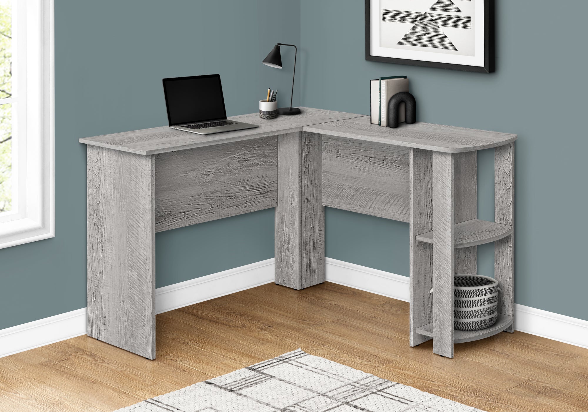 Computer Desk L-Shaped Grey 2-Shelf Storage-Computer Desk-DECOROLALA