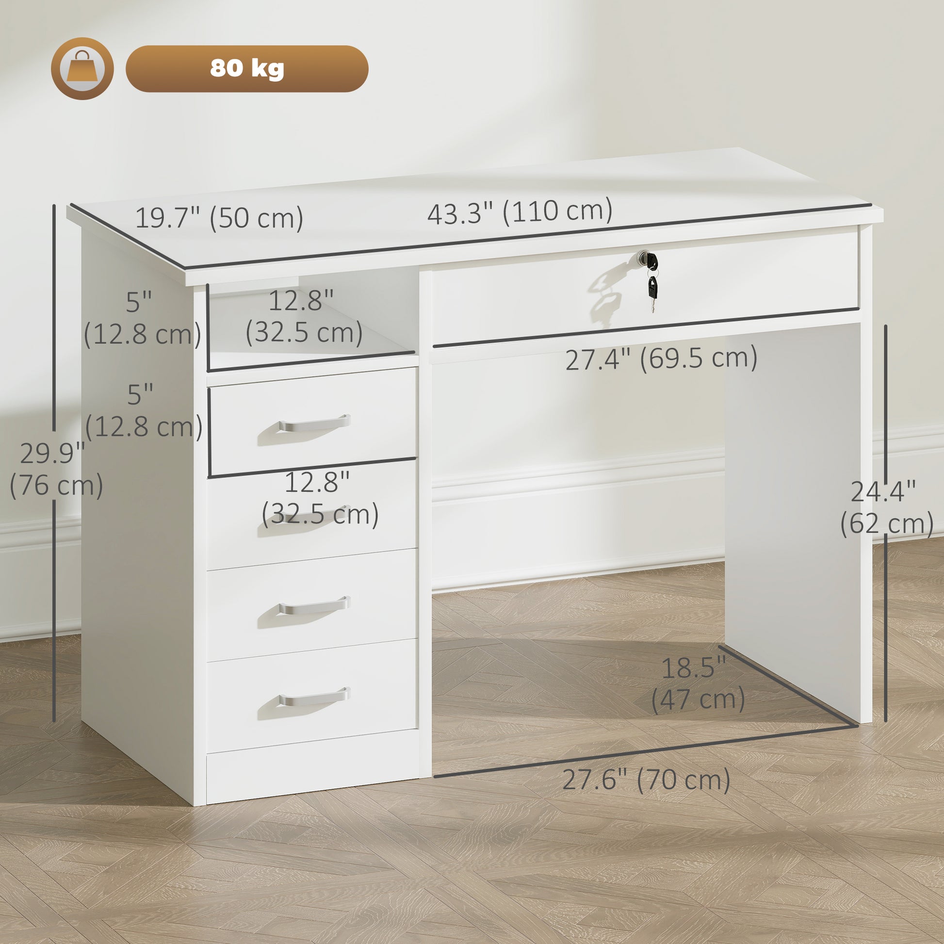 Computer Desk White 43.3" 5 Drawer Storage-DECOROLALA