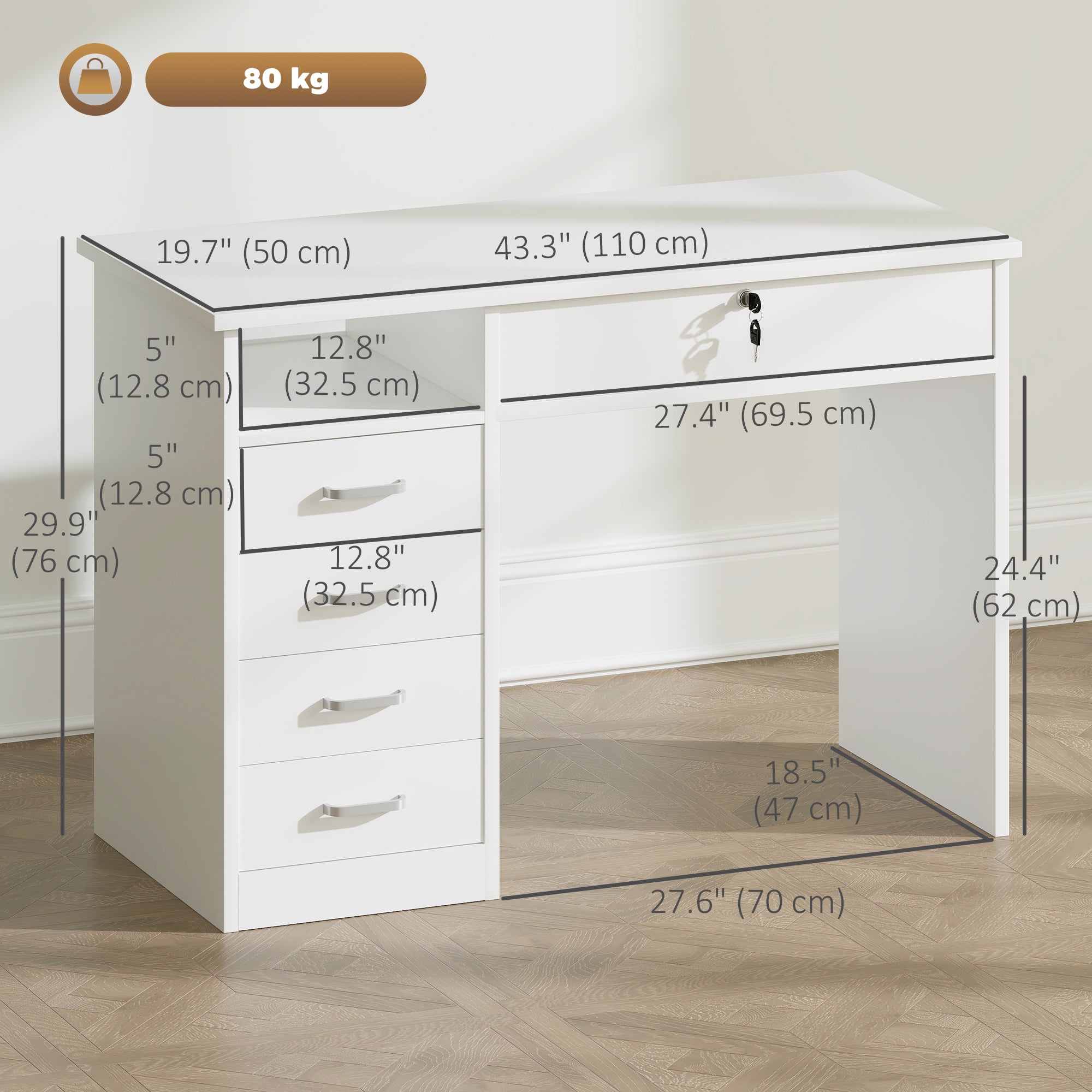 Computer Desk White 43.3" 5 Drawer Storage-DECOROLALA
