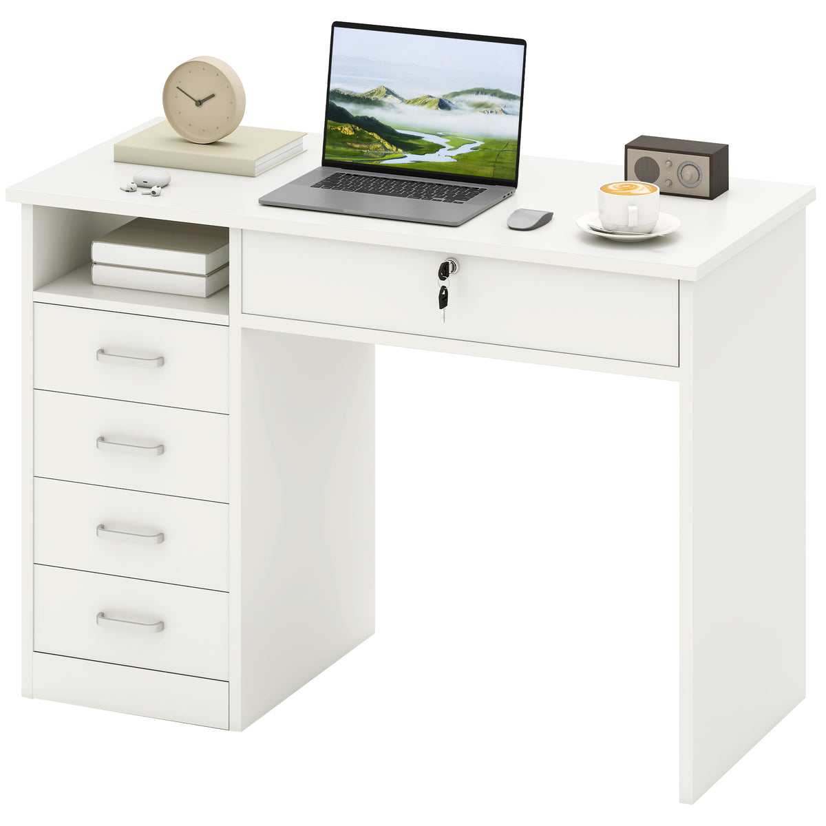 Computer Desk White 43.3" 5 Drawer Storage-DECOROLALA