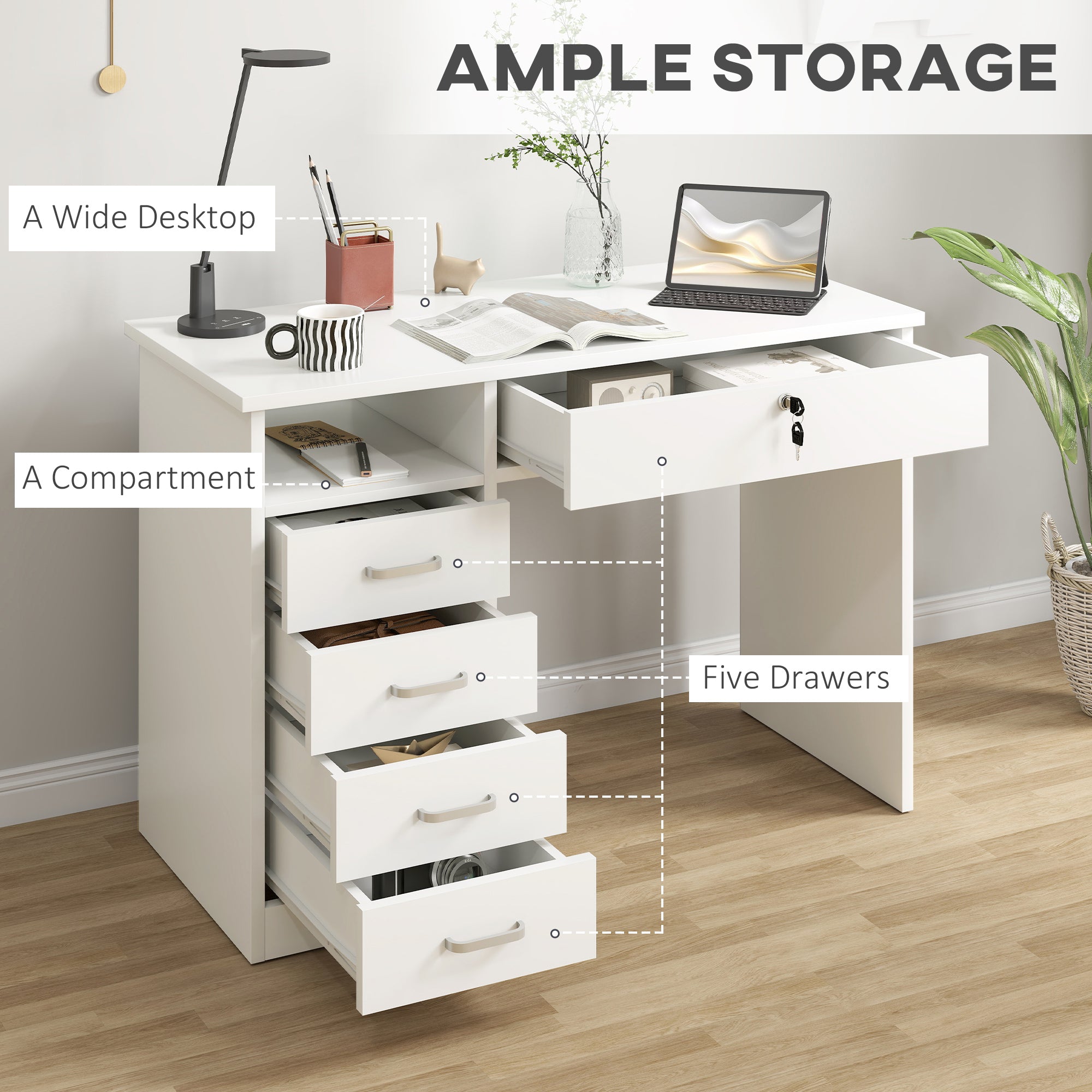 Computer Desk White 43.3" 5 Drawer Storage-DECOROLALA