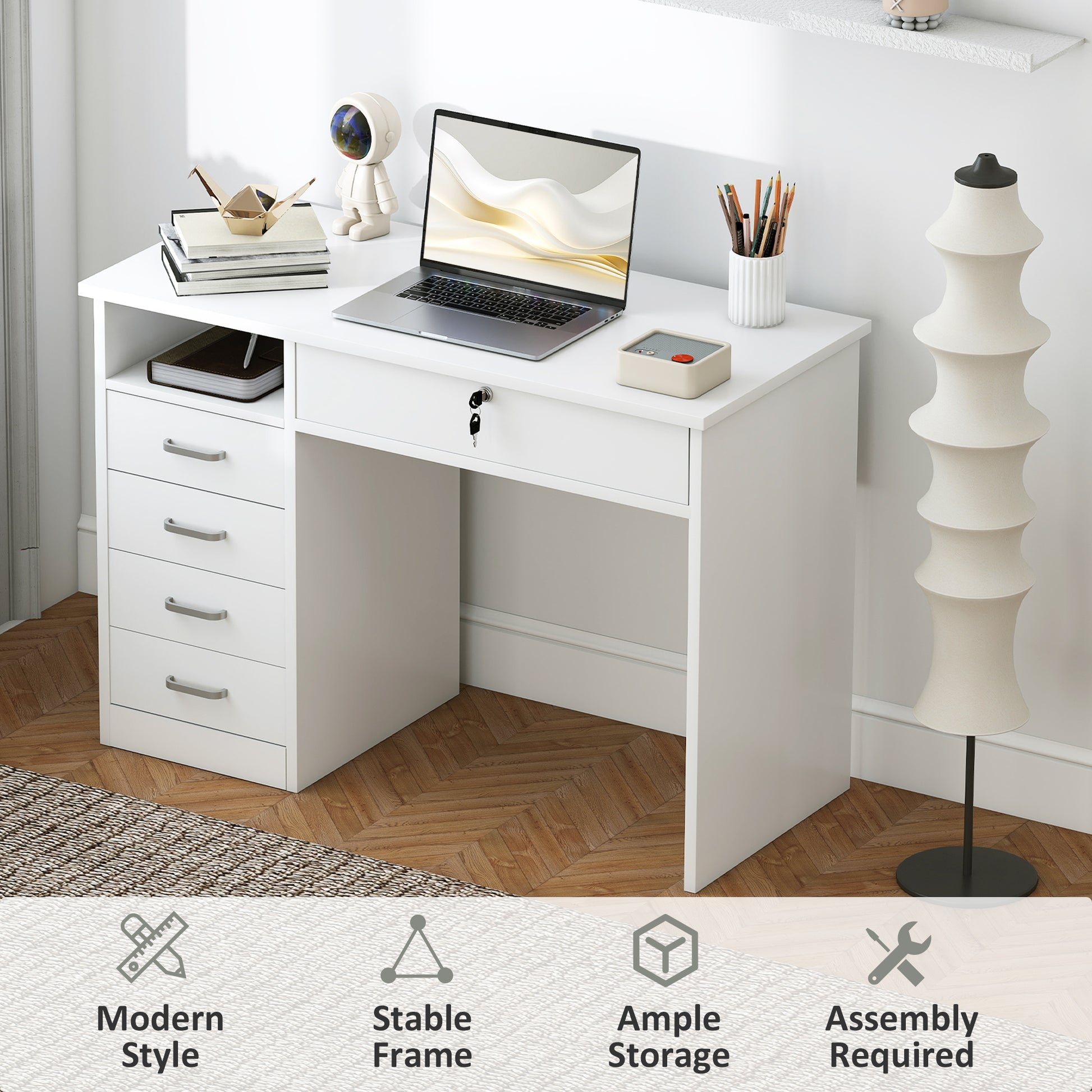 Computer Desk White 43.3" 5 Drawer Storage-DECOROLALA