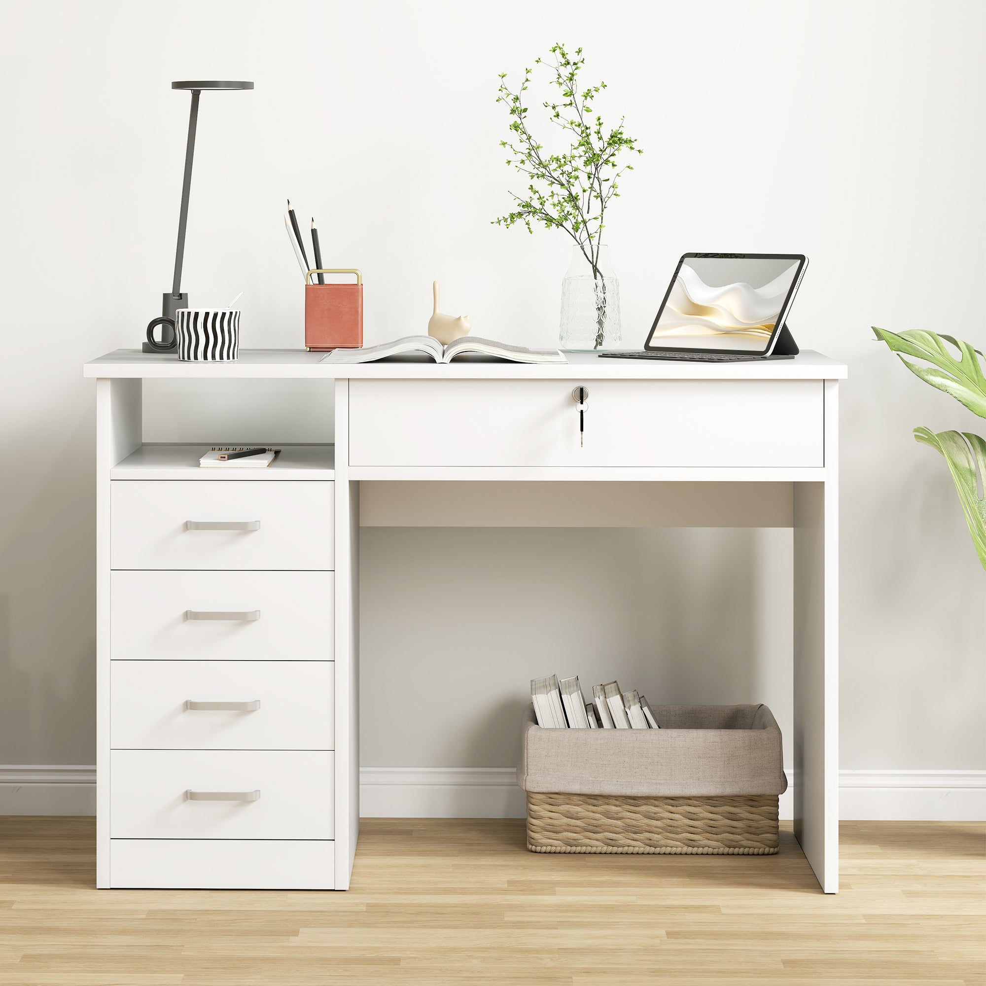 Computer Desk White 43.3" 5 Drawer Storage-DECOROLALA