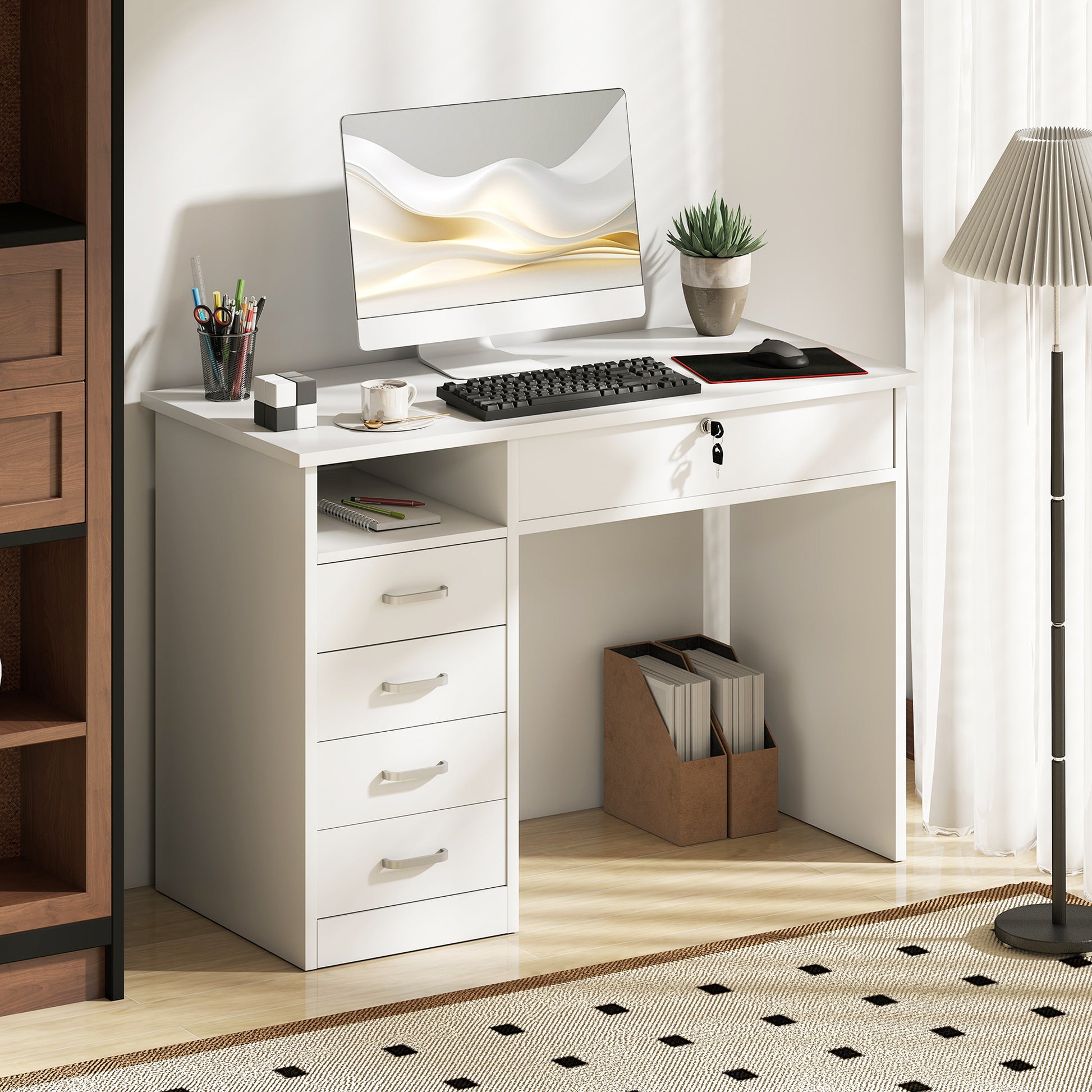 Computer Desk White 43.3" 5 Drawer Storage-DECOROLALA