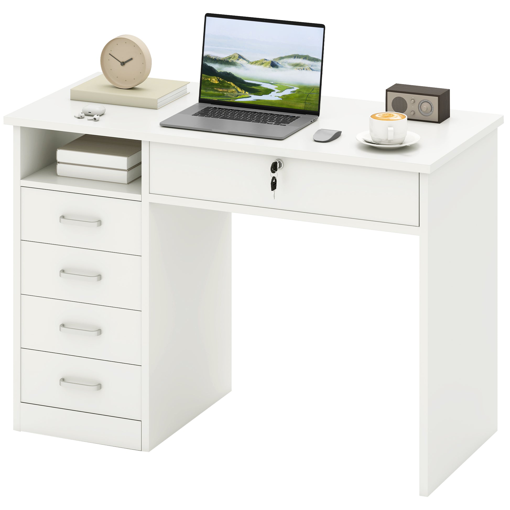 Computer Desk White 43.3" 5 Drawer Storage-DECOROLALA