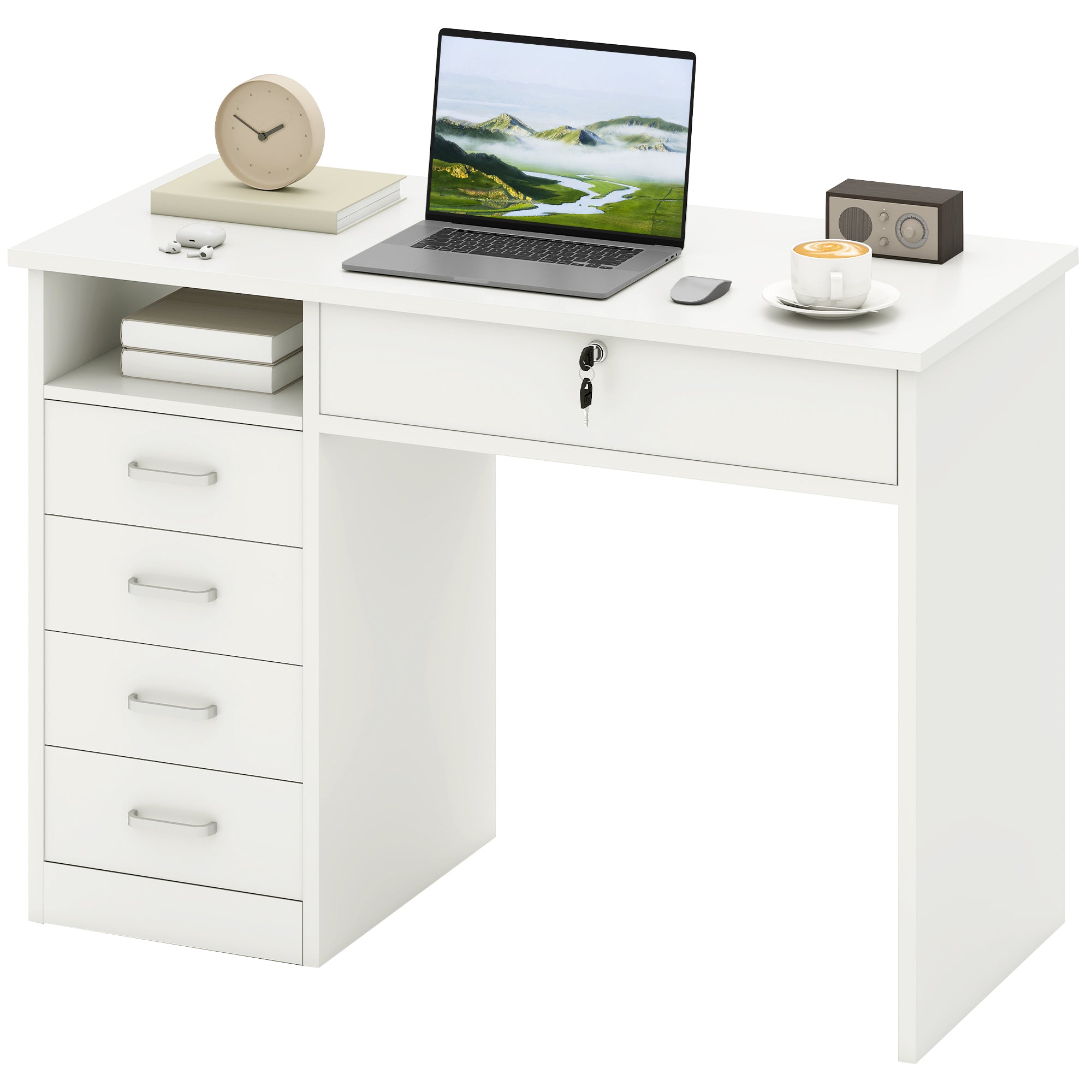 Computer Desk White 43.3" 5 Drawer Storage-DECOROLALA