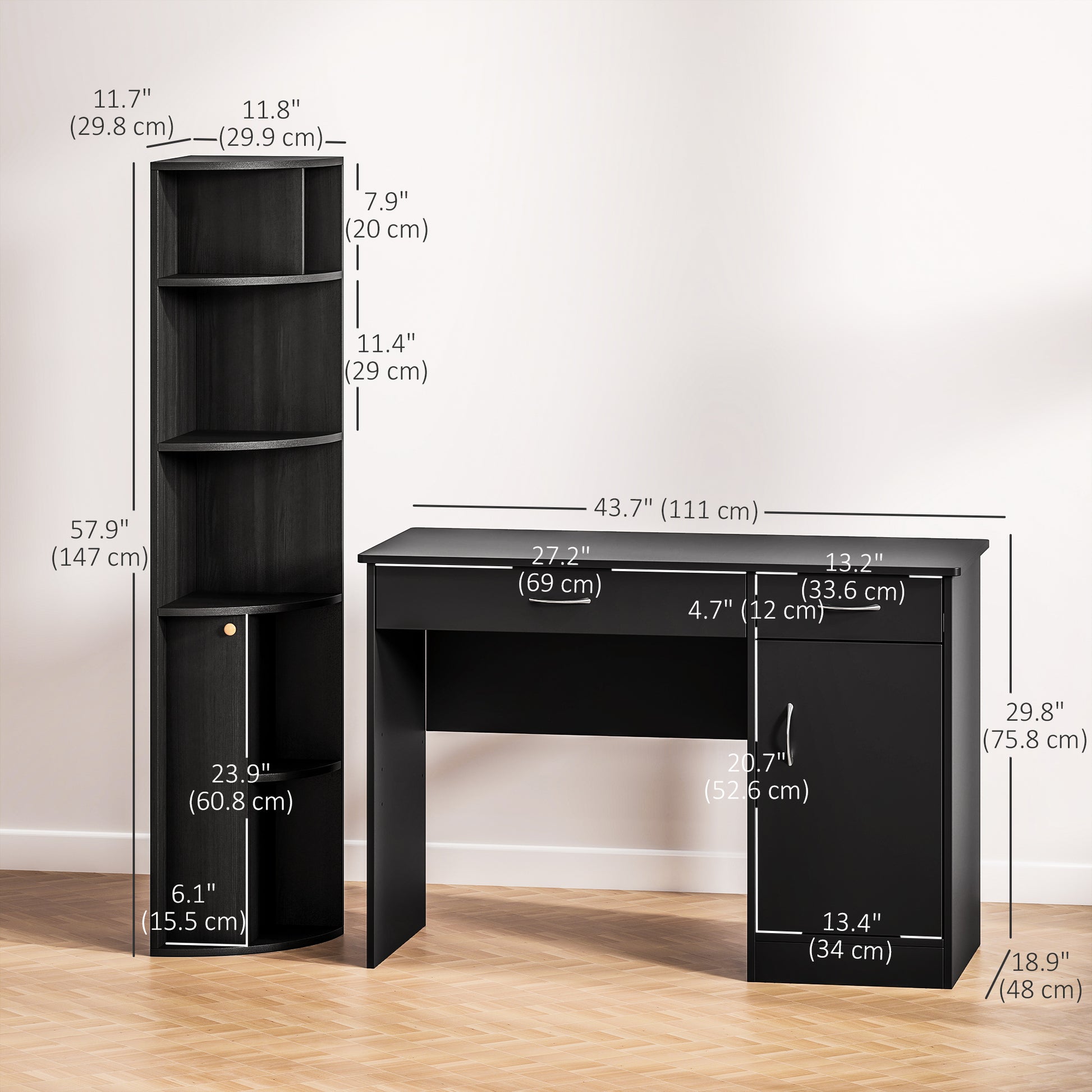 Computer Desk and Bookcase Set, Study Table with Adjustable Shelf, Bookshelf with Open Compartments and Cabinet, Black-Office Products > Office Furniture > Office Desks & Work Stations > Computer Desks-DECOROLALA