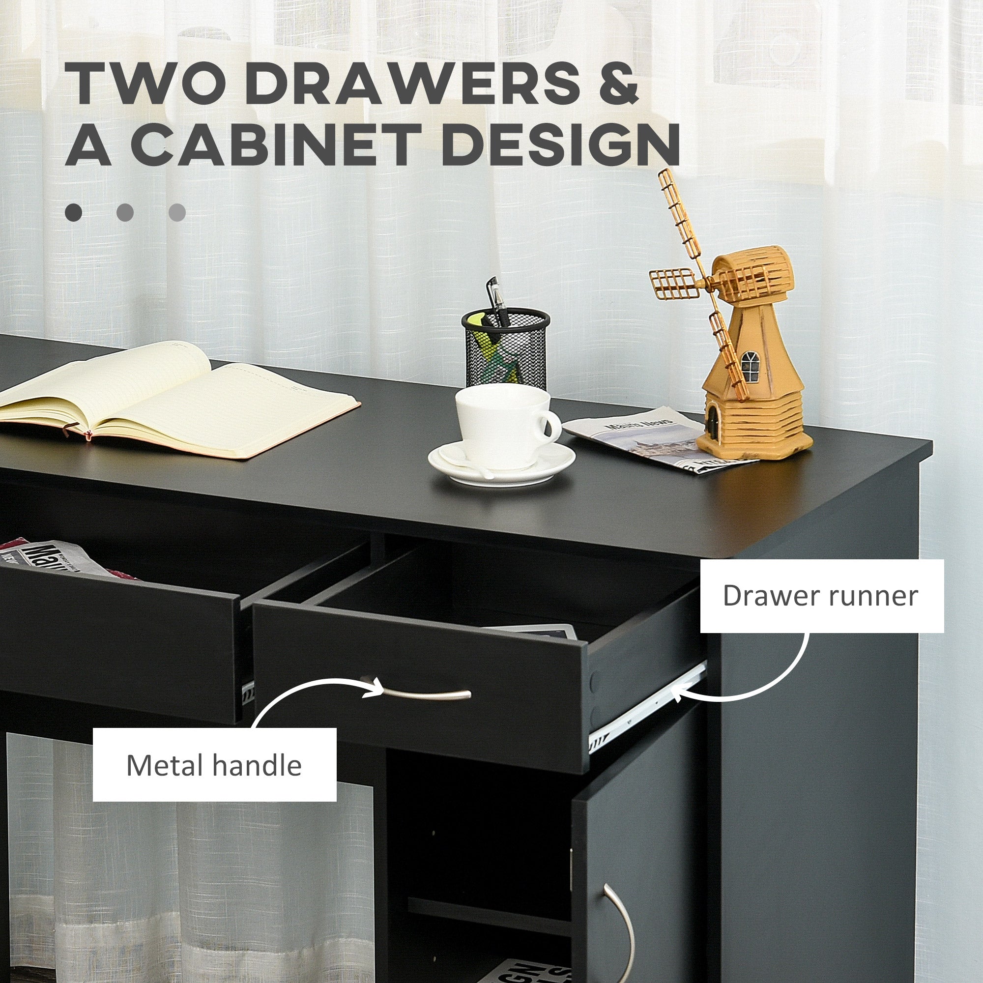 Computer Desk and Bookcase Set, Study Table with Adjustable Shelf, Bookshelf with Open Compartments and Cabinet, Black-Office Products > Office Furniture > Office Desks & Work Stations > Computer Desks-DECOROLALA