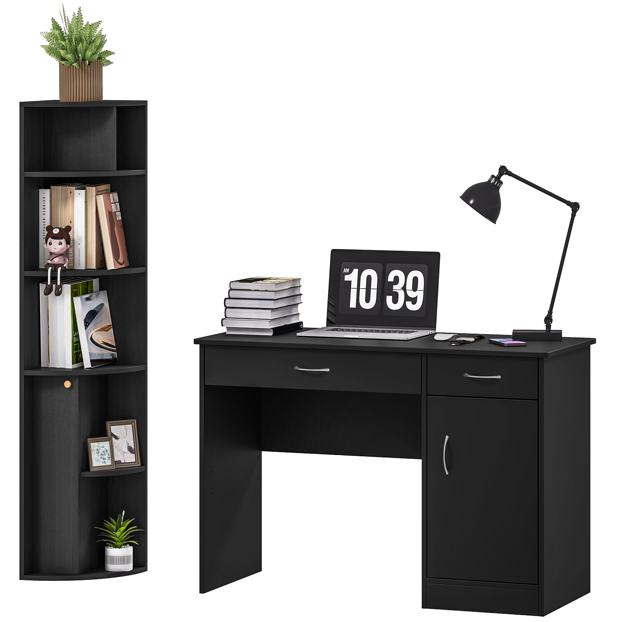 Computer Desk and Bookcase Set, Study Table with Adjustable Shelf, Bookshelf with Open Compartments and Cabinet, Black-Office Products > Office Furniture > Office Desks & Work Stations > Computer Desks-DECOROLALA
