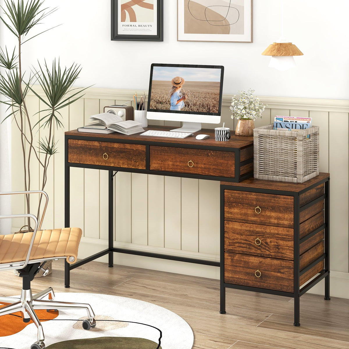 Computer Desk with 5 Drawers Home Office Desk with Side File Cabinet-Rustic Brown-Computer Desks-DECOROLALA