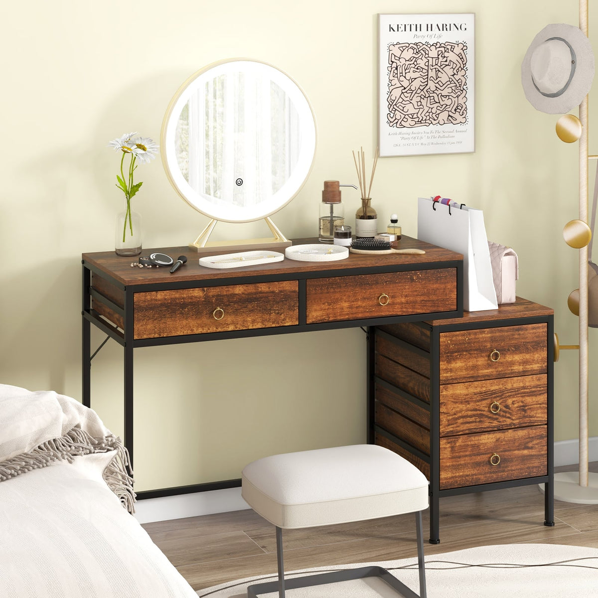 Computer Desk with 5 Drawers Home Office Desk with Side File Cabinet-Rustic Brown-Computer Desks-DECOROLALA