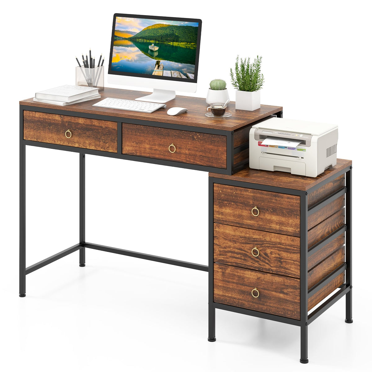 Computer Desk with 5 Drawers Home Office Desk with Side File Cabinet-Rustic Brown-Computer Desks-DECOROLALA