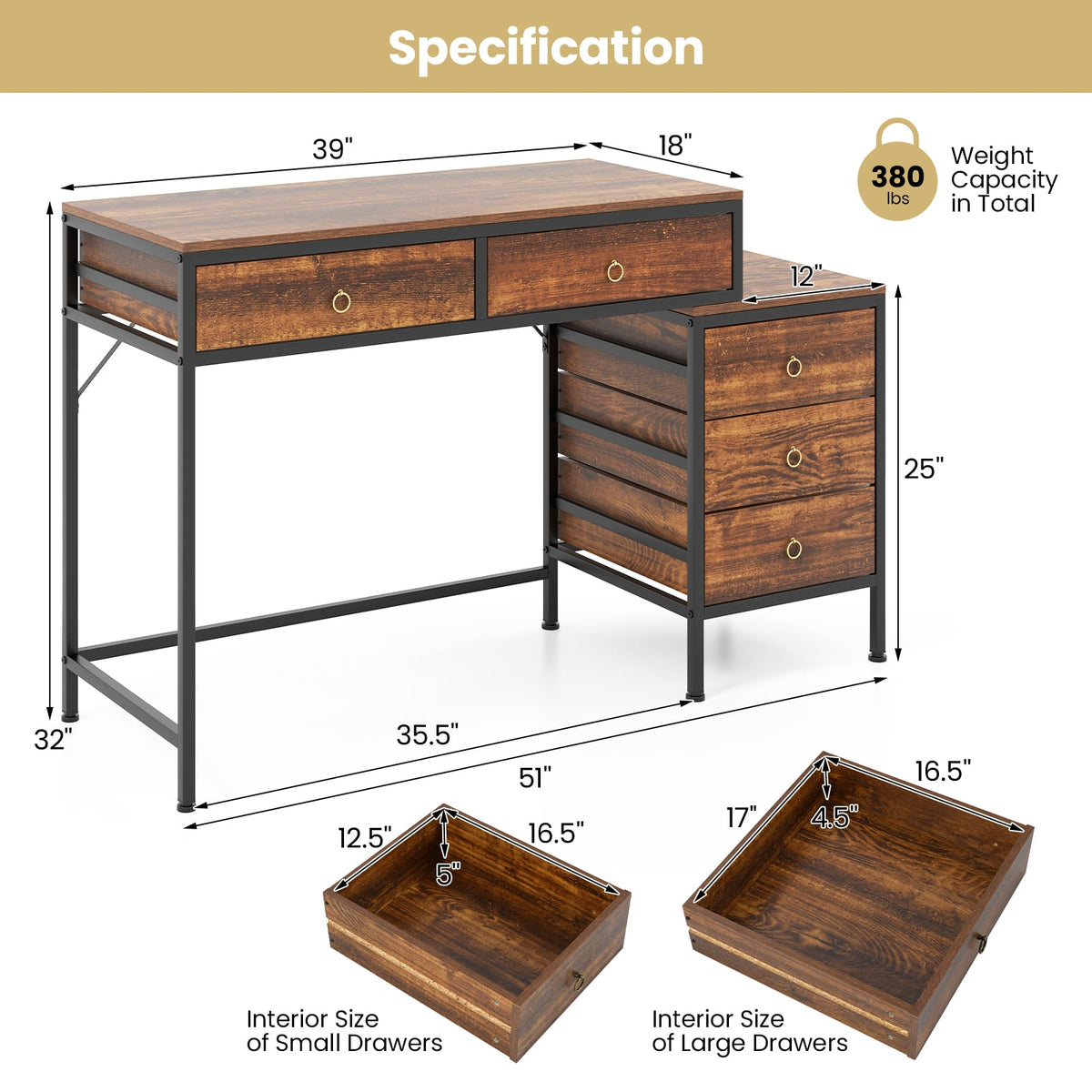 Computer Desk with 5 Drawers Home Office Desk with Side File Cabinet-Rustic Brown-Computer Desks-DECOROLALA