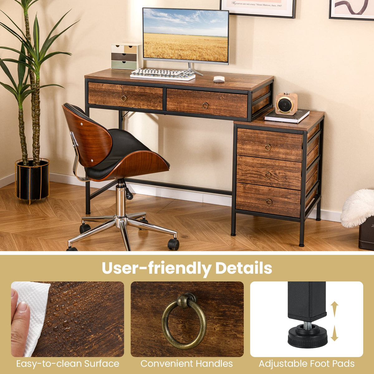 Computer Desk with 5 Drawers Home Office Desk with Side File Cabinet-Rustic Brown-Computer Desks-DECOROLALA