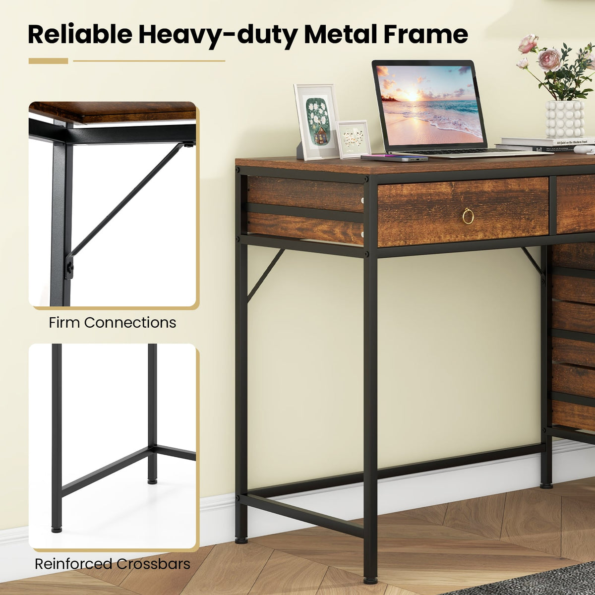 Computer Desk with 5 Drawers Home Office Desk with Side File Cabinet-Rustic Brown-Computer Desks-DECOROLALA
