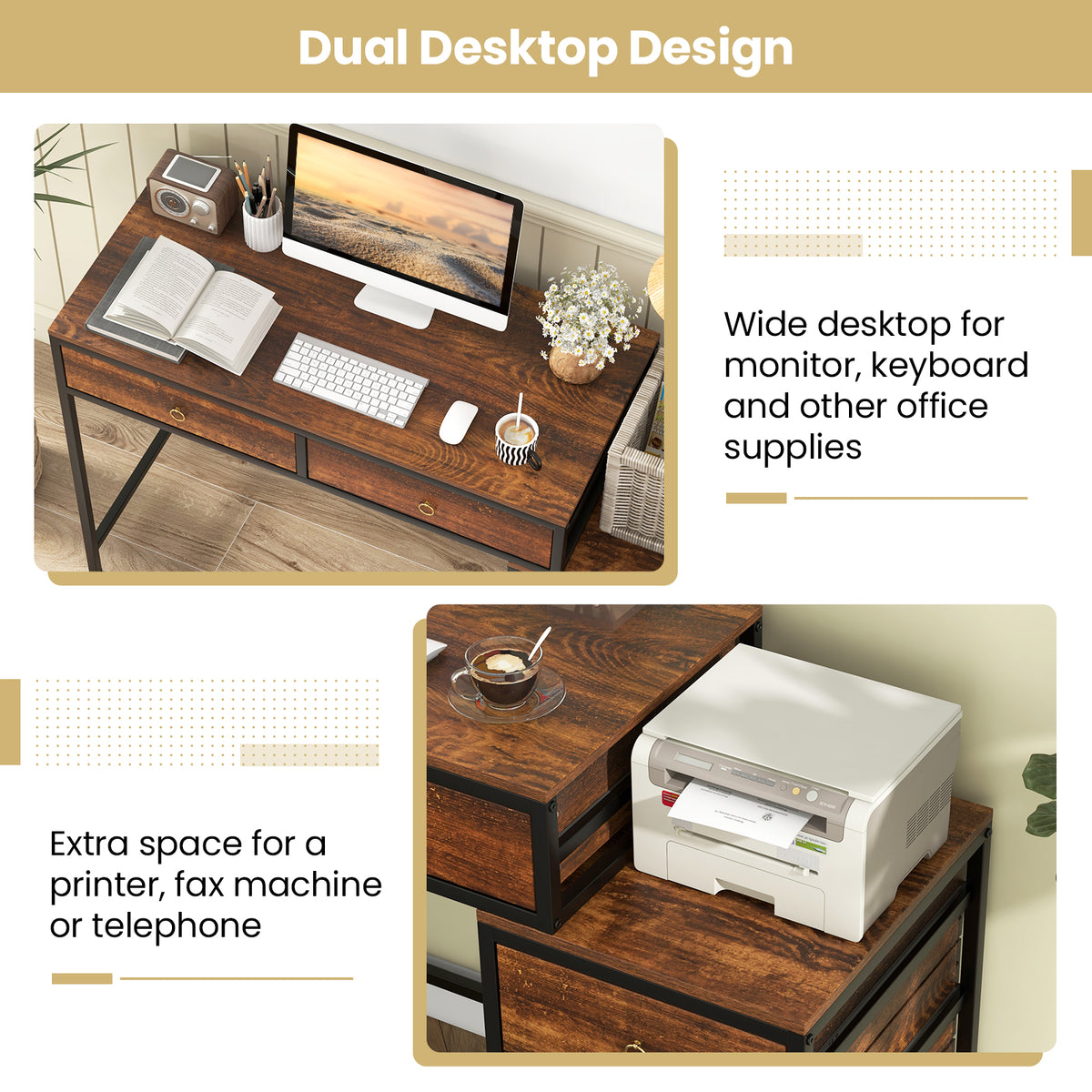 Computer Desk with 5 Drawers Home Office Desk with Side File Cabinet-Rustic Brown-Computer Desks-DECOROLALA