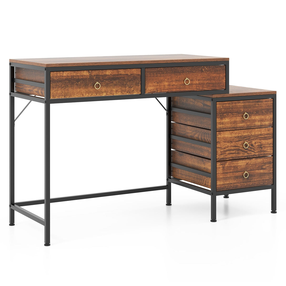 Computer Desk with 5 Drawers Home Office Desk with Side File Cabinet-Rustic Brown-Computer Desks-DECOROLALA