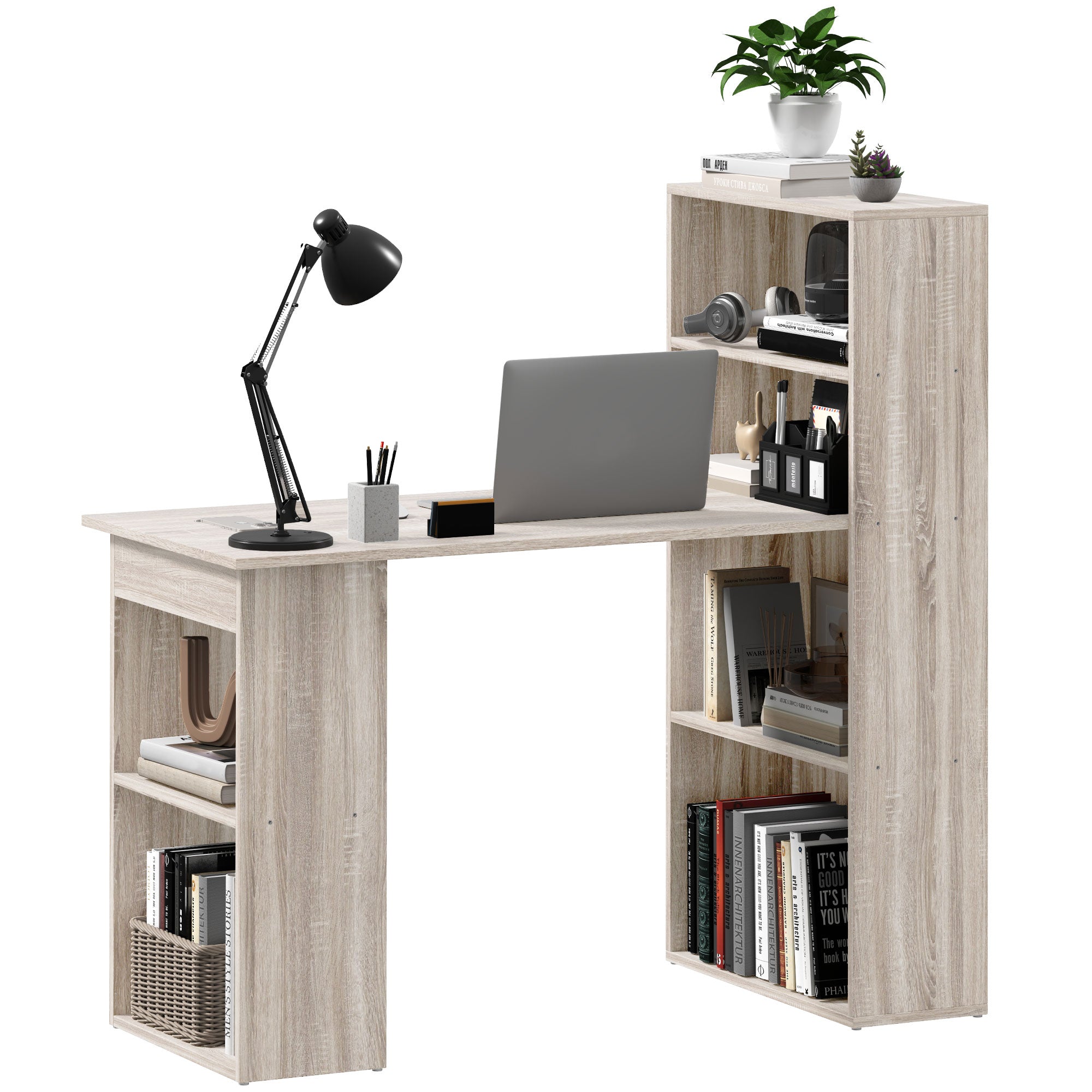 Computer Desk with 6-Tier Bookshelf - Oak 47" L-Office Products > Office Furniture > Office Desks & Work Stations > Writing Desks-DECOROLALA