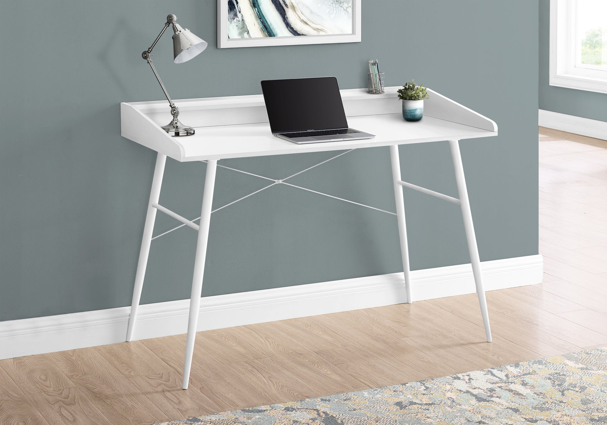 Computer Desk with Hutch 48" Natural Wood White Metal-Computer Desk-DECOROLALA