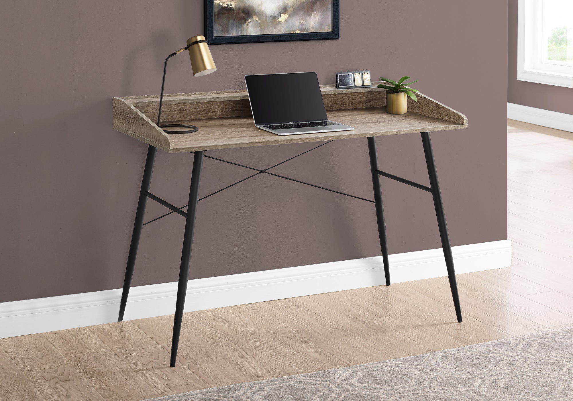 Computer Desk with Hutch 48" Natural Wood White Metal-Computer Desk-DECOROLALA