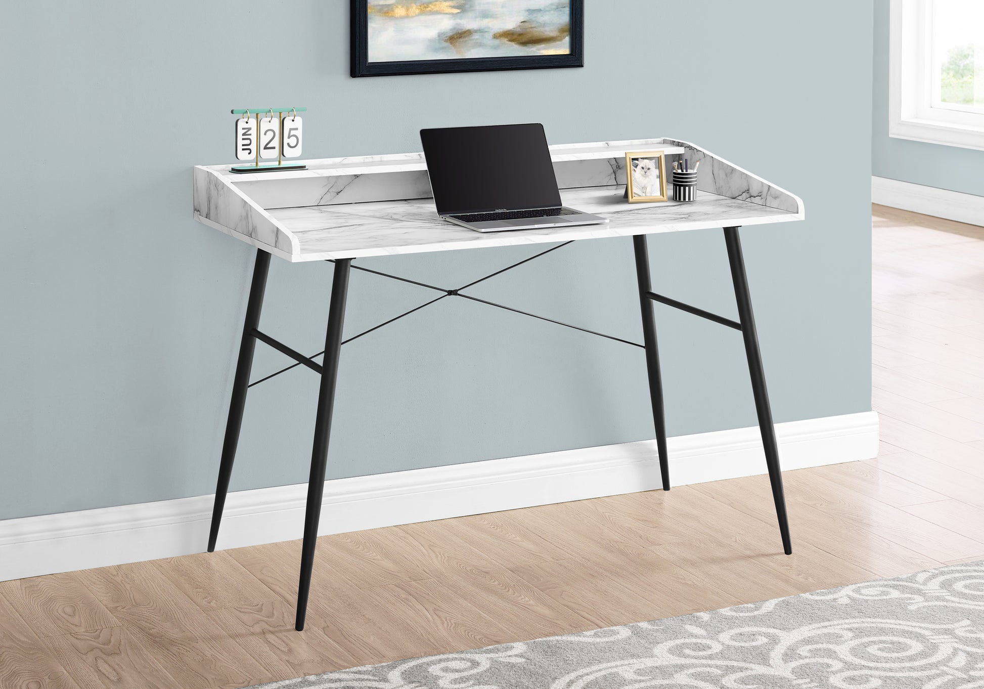 Computer Desk with Hutch 48" Natural Wood White Metal-Computer Desk-DECOROLALA