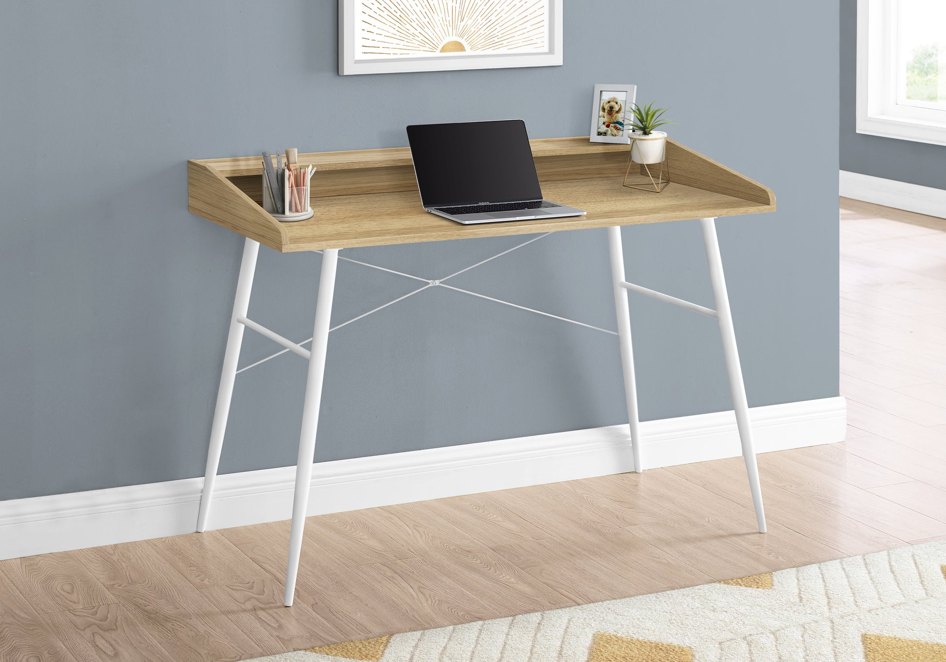 Computer Desk with Hutch 48" Natural Wood White Metal-Computer Desk-DECOROLALA