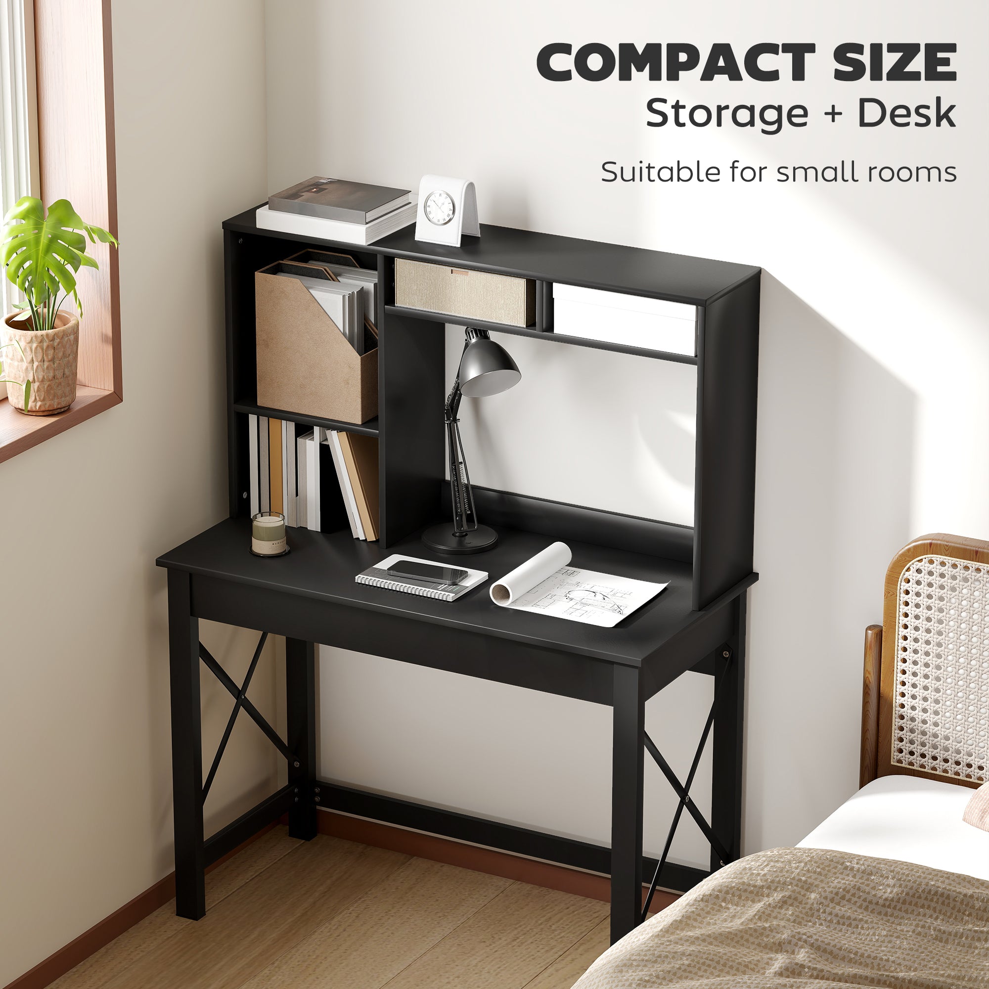 Computer Desk with Hutch, Home Office Table with Storage Shelves and Open Compartments for Writing, Work, Black-Office Products > Office Furniture > Office Desks & Work Stations > Computer Desks-DECOROLALA
