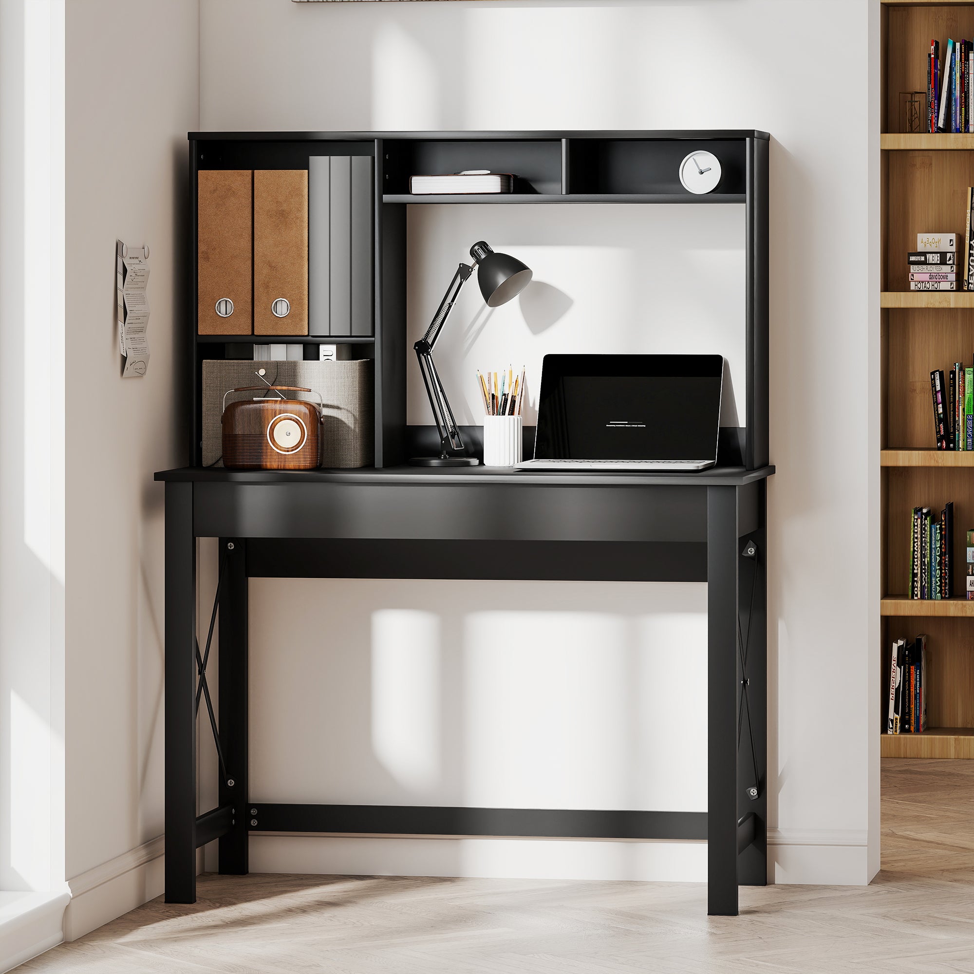 Computer Desk with Hutch, Home Office Table with Storage Shelves and Open Compartments for Writing, Work, Black-Office Products > Office Furniture > Office Desks & Work Stations > Computer Desks-DECOROLALA