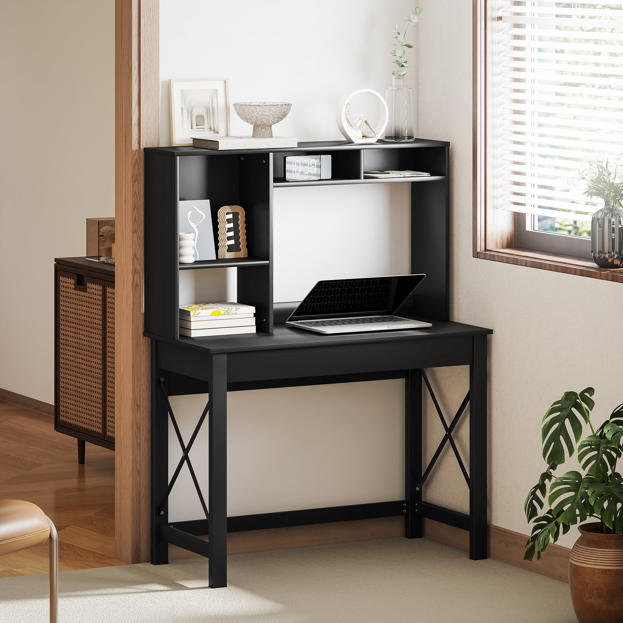 Computer Desk with Hutch, Home Office Table with Storage Shelves and Open Compartments for Writing, Work, Black-Office Products > Office Furniture > Office Desks & Work Stations > Computer Desks-DECOROLALA