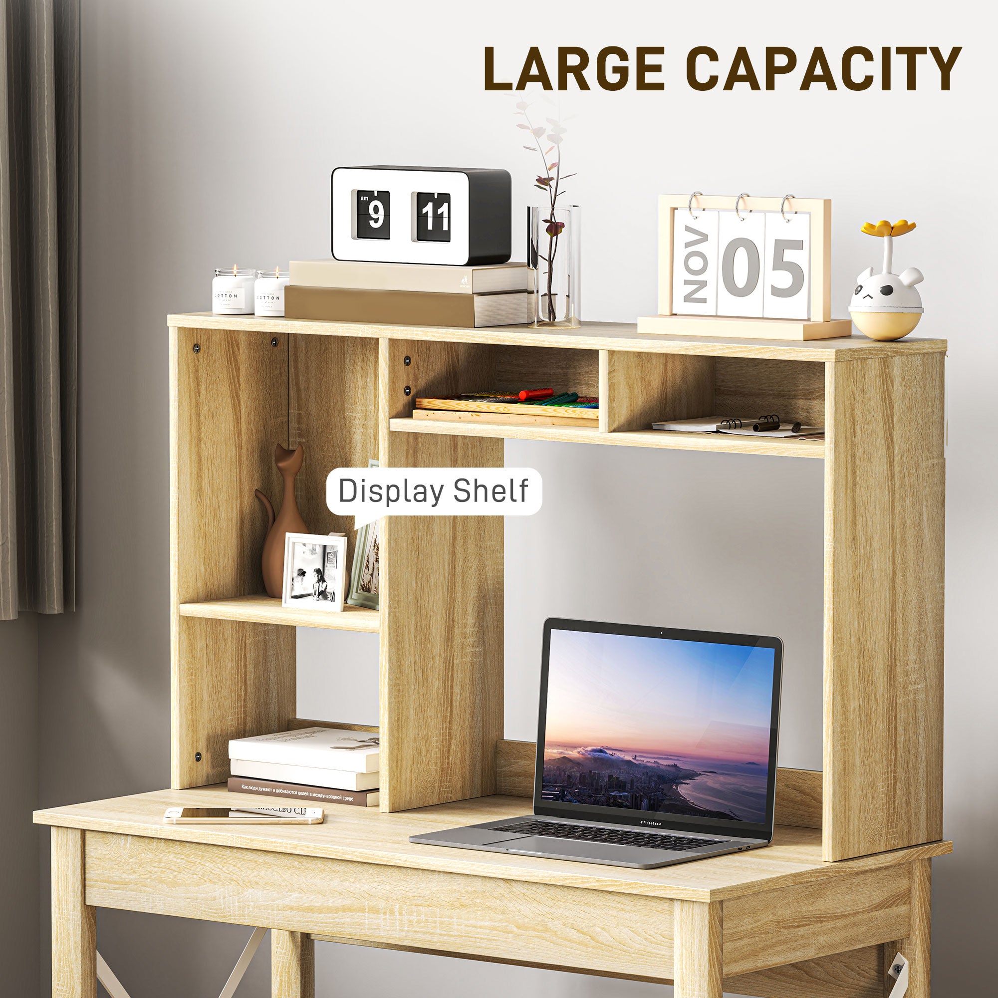 Computer Desk with Hutch, Home Office Table with Storage Shelves and Open Compartments for Writing, Work, Oak-Office Products > Office Furniture > Office Desks & Work Stations > Computer Desks-DECOROLALA