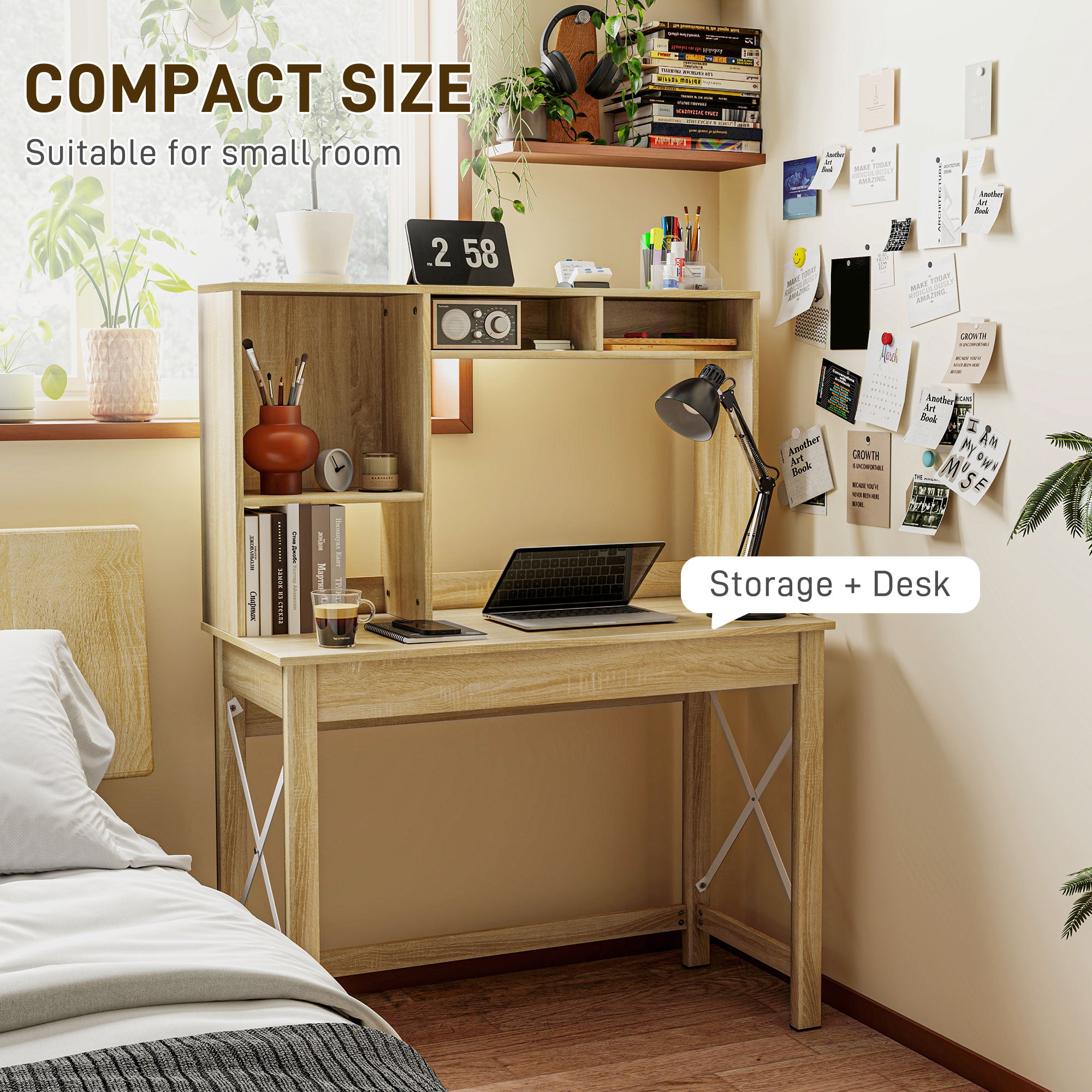 Computer Desk with Hutch, Home Office Table with Storage Shelves and Open Compartments for Writing, Work, Oak-Office Products > Office Furniture > Office Desks & Work Stations > Computer Desks-DECOROLALA