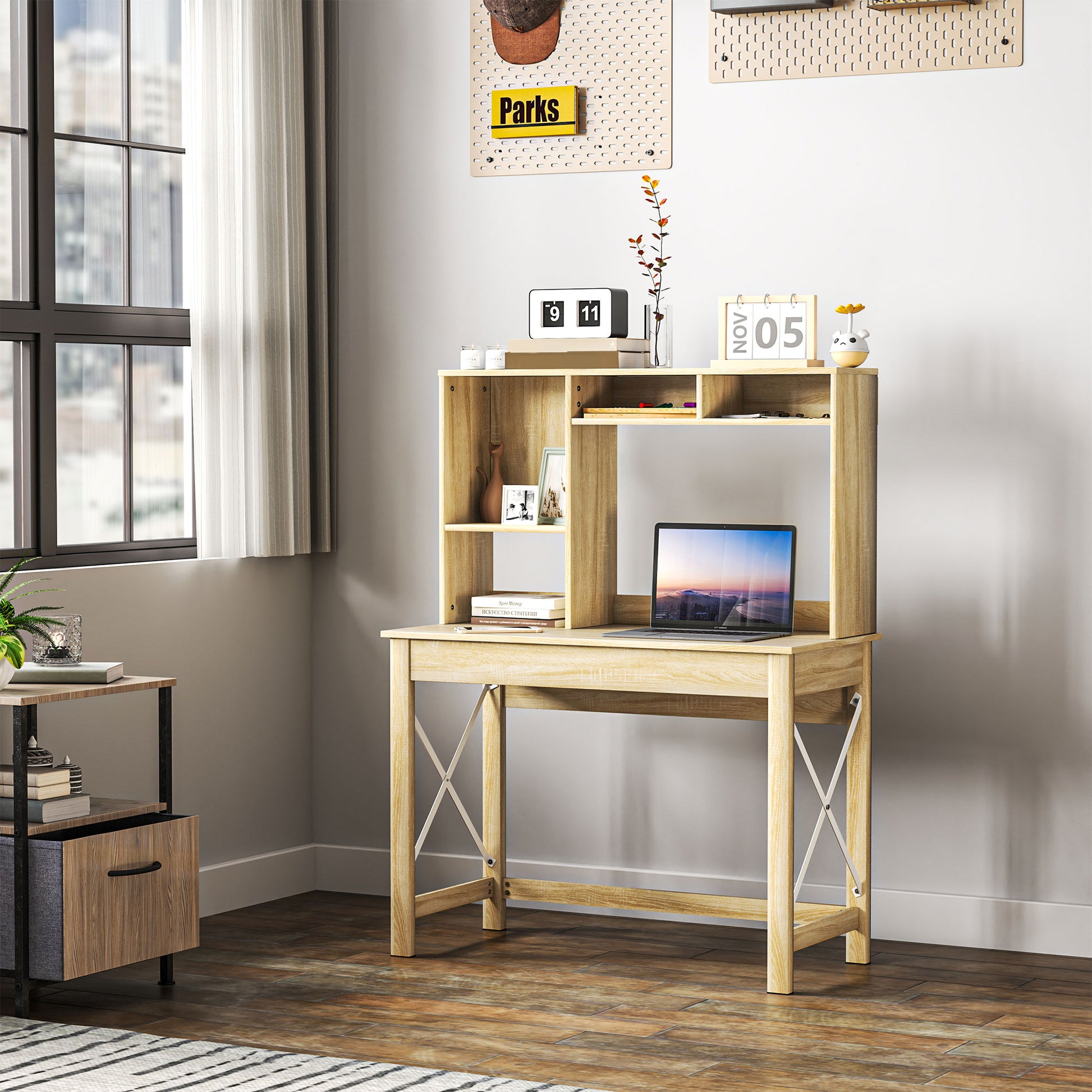 Computer Desk with Hutch, Home Office Table with Storage Shelves and Open Compartments for Writing, Work, Oak-Office Products > Office Furniture > Office Desks & Work Stations > Computer Desks-DECOROLALA
