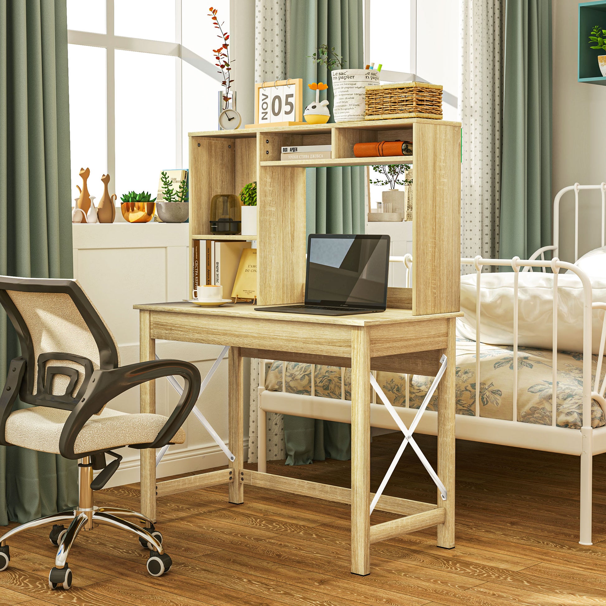 Computer Desk with Hutch, Home Office Table with Storage Shelves and Open Compartments for Writing, Work, Oak-Office Products > Office Furniture > Office Desks & Work Stations > Computer Desks-DECOROLALA