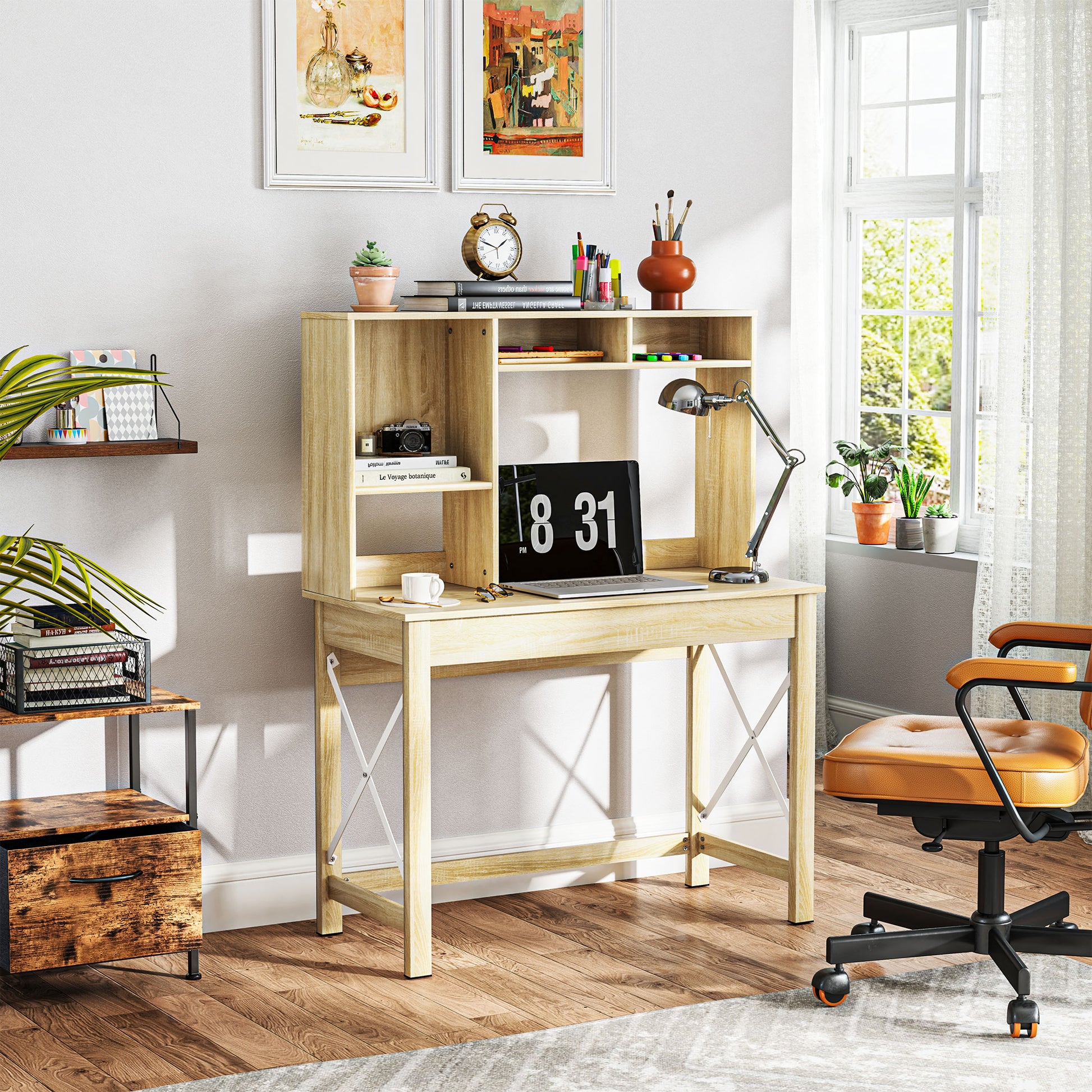 Computer Desk with Hutch, Home Office Table with Storage Shelves and Open Compartments for Writing, Work, Oak-Office Products > Office Furniture > Office Desks & Work Stations > Computer Desks-DECOROLALA