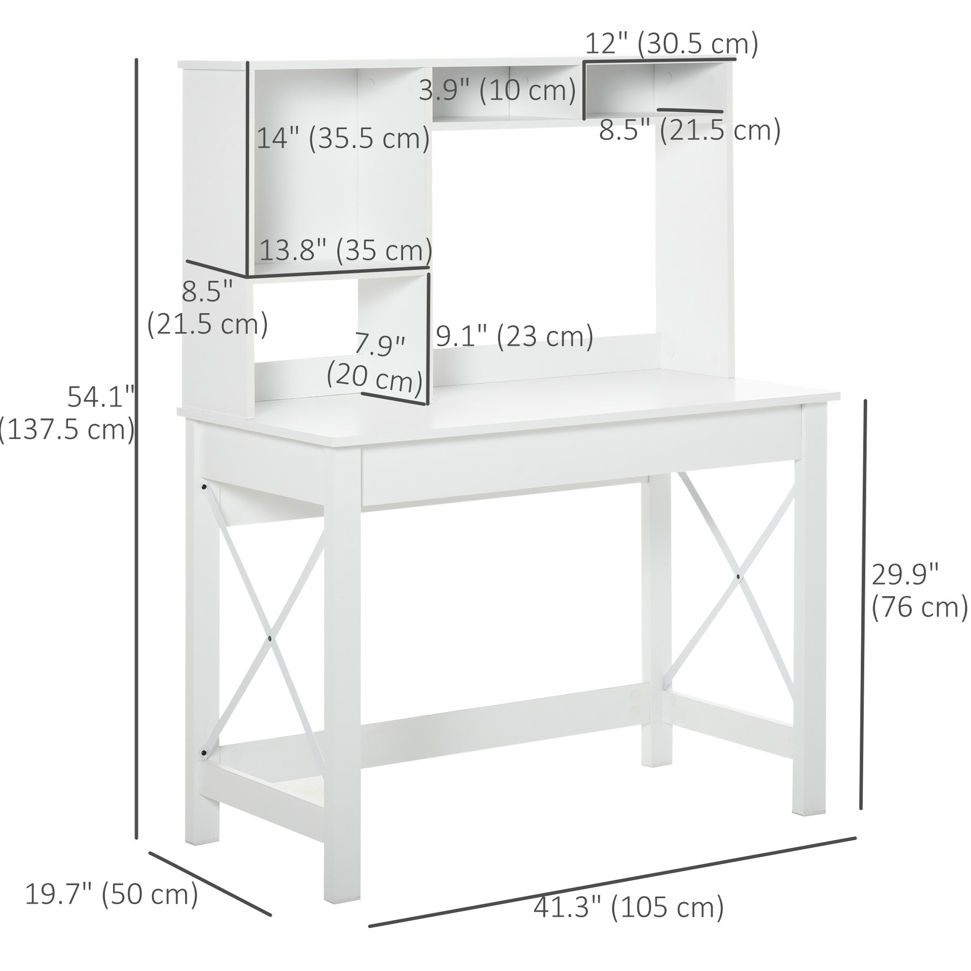 Computer Desk with Hutch, Home Office Table with Storage Shelves and Open Compartments for Writing, Work, White-Office Products > Office Furniture > Office Desks & Work Stations > Computer Desks-DECOROLALA