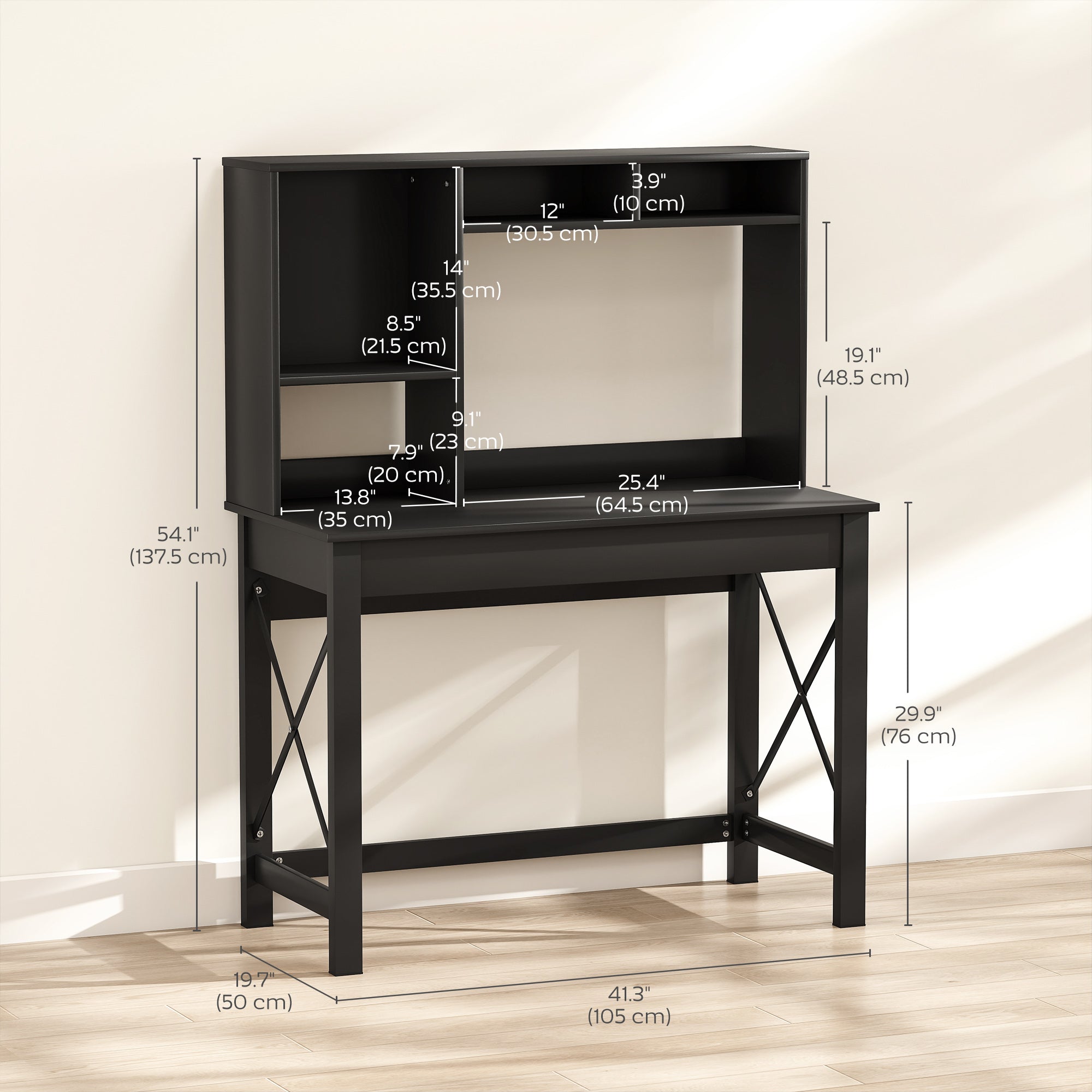 Computer Desk with Hutch and Storage Shelves - Black-Office Products > Office Furniture > Office Desks & Work Stations > Computer Desks-DECOROLALA