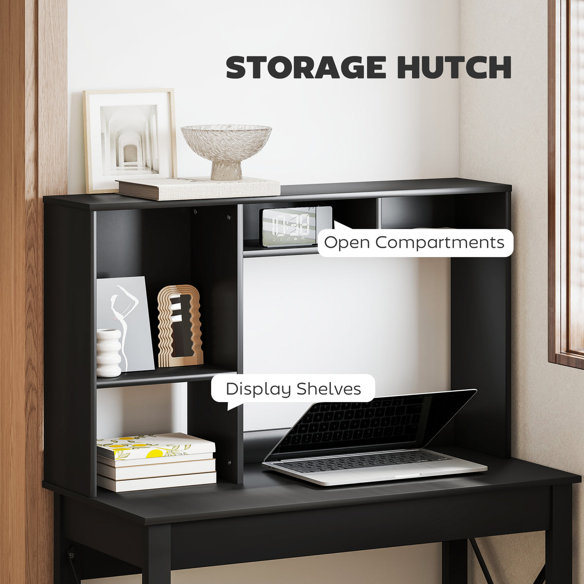 Computer Desk with Hutch and Storage Shelves - Black-Office Products > Office Furniture > Office Desks & Work Stations > Computer Desks-DECOROLALA