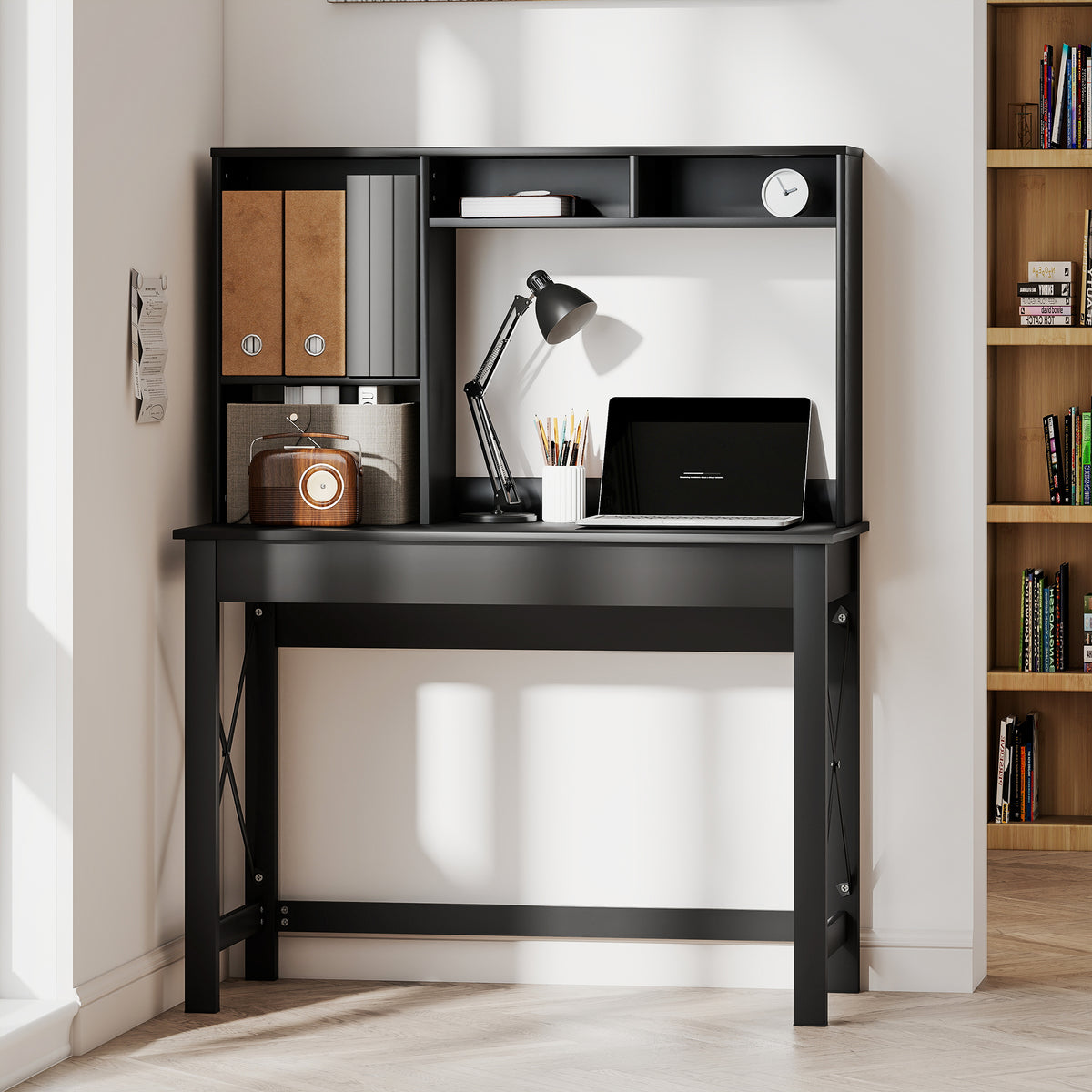 Computer Desk with Hutch and Storage Shelves - Black-Office Products > Office Furniture > Office Desks & Work Stations > Computer Desks-DECOROLALA
