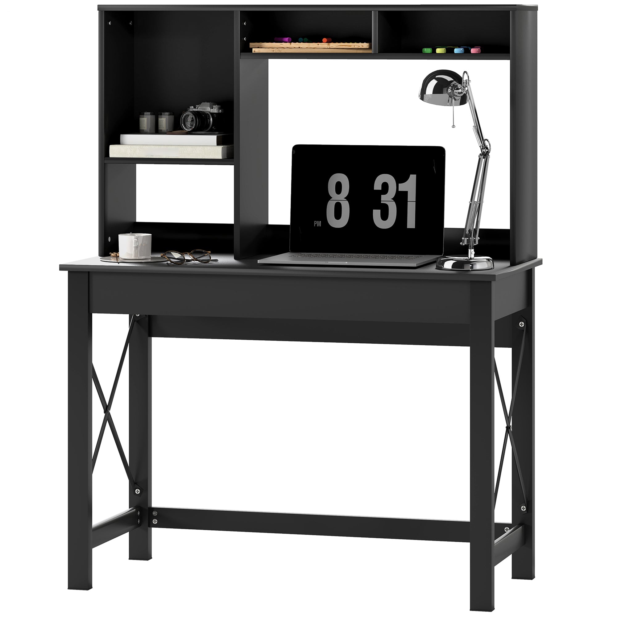 Computer Desk with Hutch and Storage Shelves - Black-Office Products > Office Furniture > Office Desks & Work Stations > Computer Desks-DECOROLALA