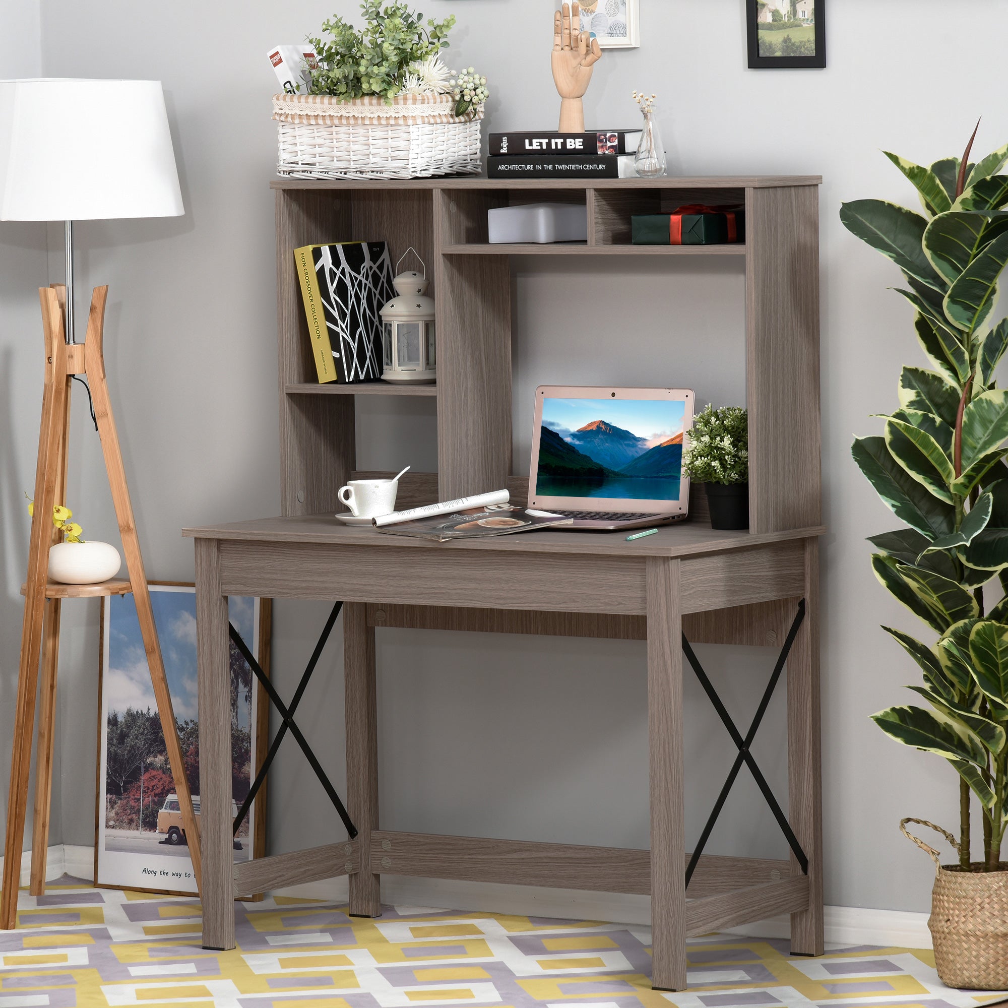 Computer Desk with Hutch and Storage Shelves - Brown-Office Products > Office Furniture > Office Desks & Work Stations > Writing Desks-DECOROLALA