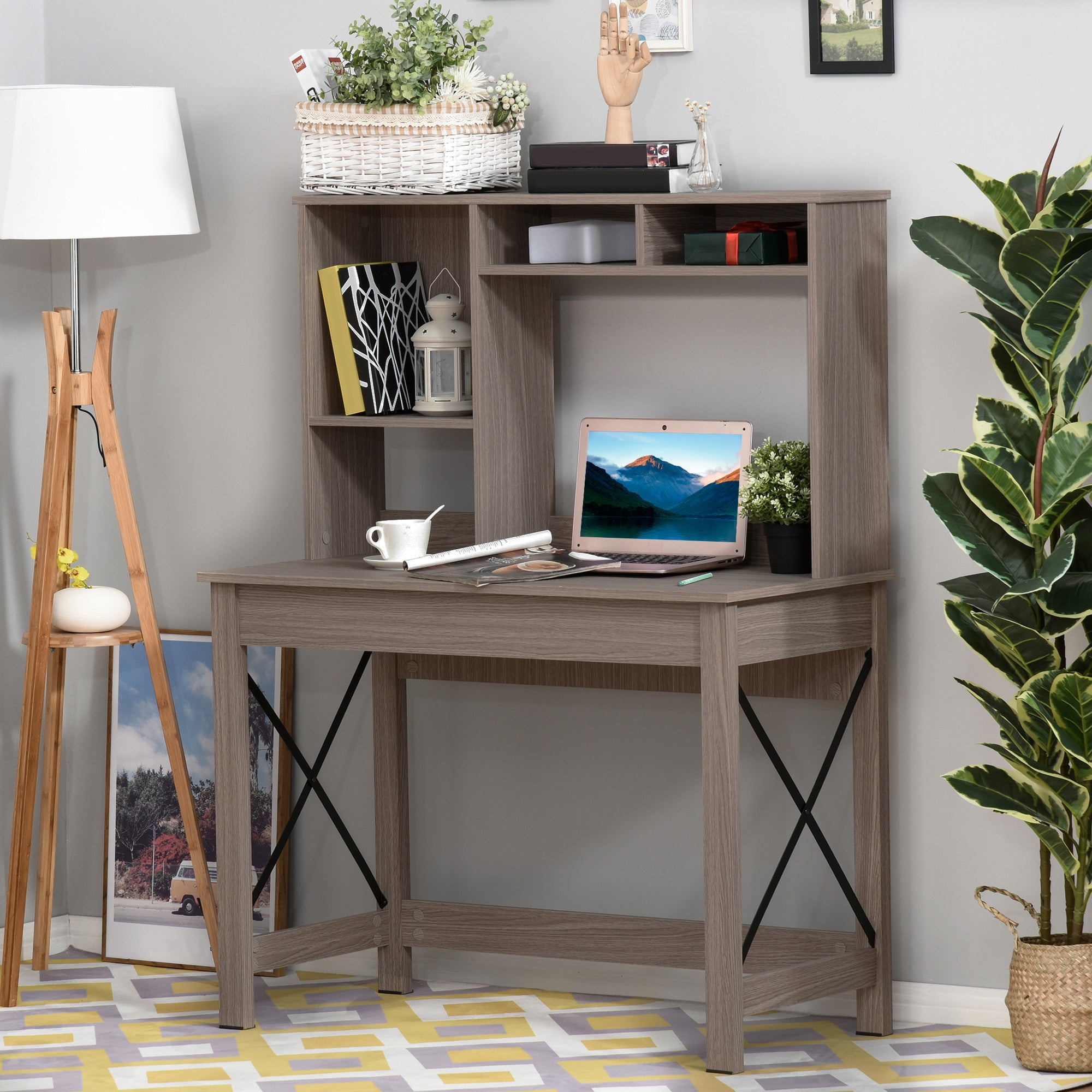 Computer Desk with Hutch and Storage Shelves - Brown-Office Products > Office Furniture > Office Desks & Work Stations > Writing Desks-DECOROLALA