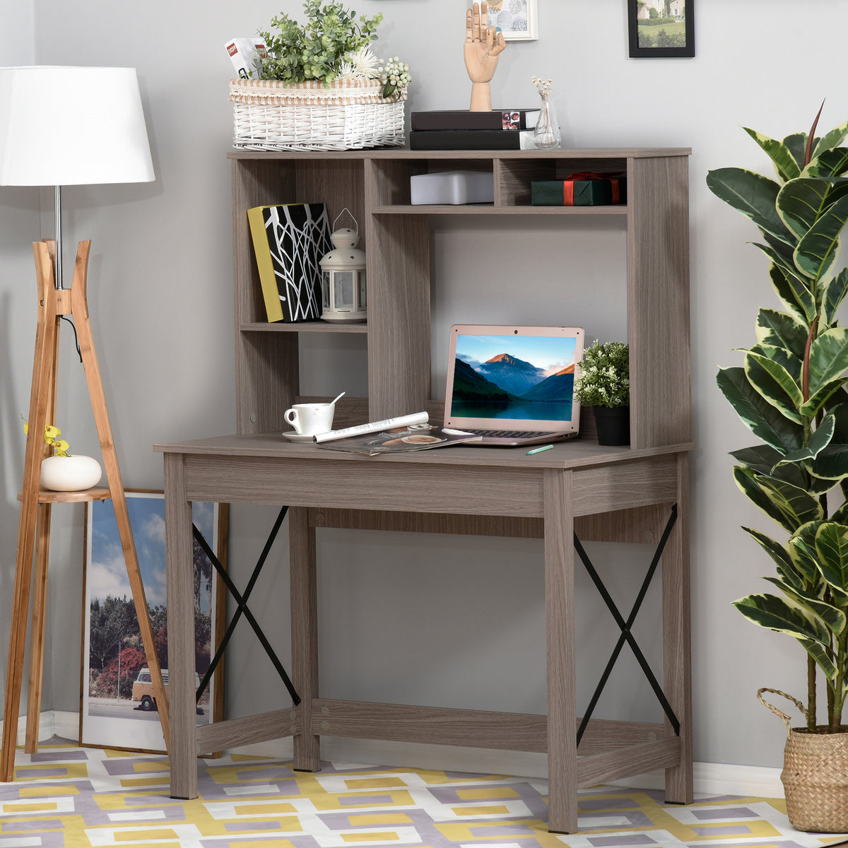 Computer Desk with Hutch and Storage Shelves - Brown-Writing Desks-DECOROLALA
