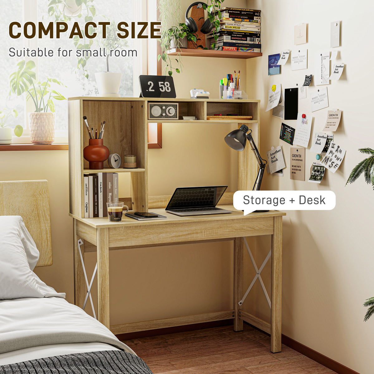 Computer Desk with Hutch and Storage Shelves - Oak-Computer Desks-DECOROLALA