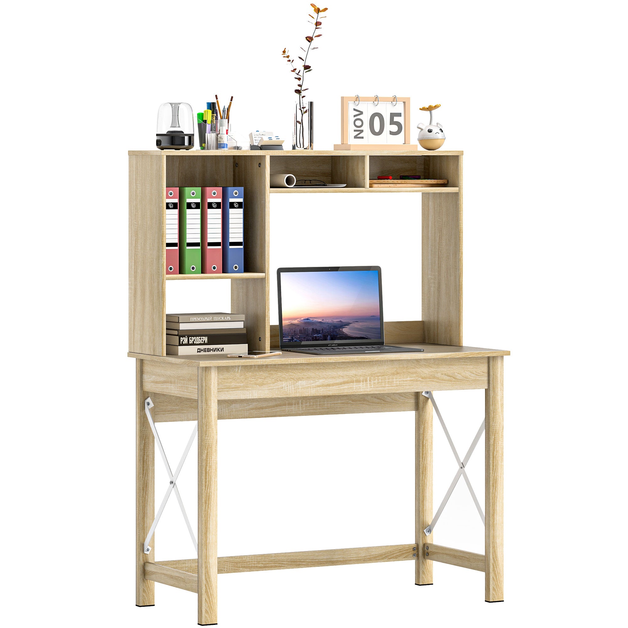 Computer Desk with Hutch and Storage Shelves - Oak-Office Products > Office Furniture > Office Desks & Work Stations > Computer Desks-DECOROLALA